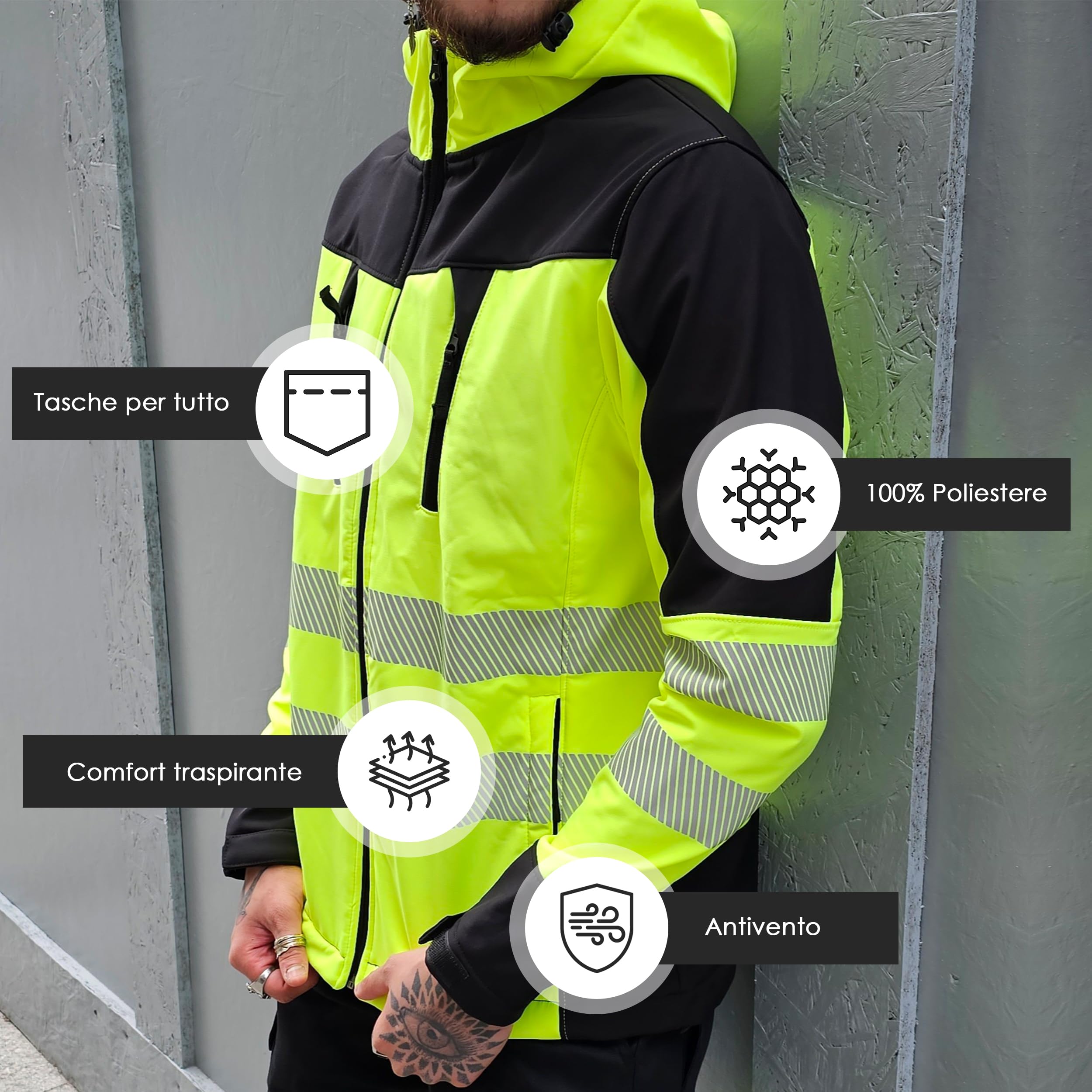 Giacca da lavoro da uomo ad alta visibilità, ad alta visibilità, ad alta visibilità, ad alta visibilità, con cappuccio, cappotto di sicurezza altamente visibile, giacca softshell, antivento,