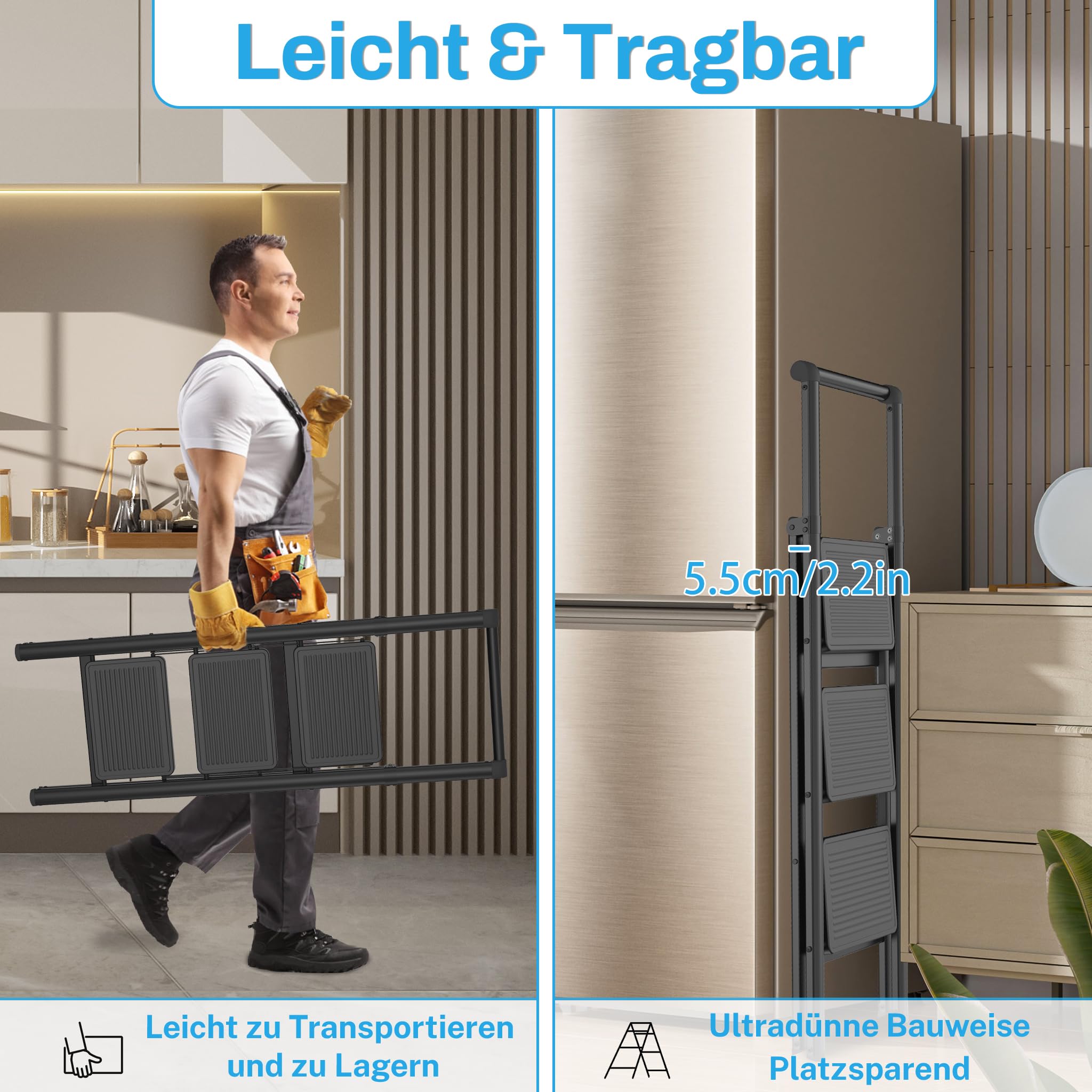 Froadp Trapladder, 2 treden, inklapbaar, antislip, ijzeren ladder, multifunctionele ladder met leuning, opstapkruk, huishoudladder voor huis, keuken en buiten, belastbaar tot 250 kg