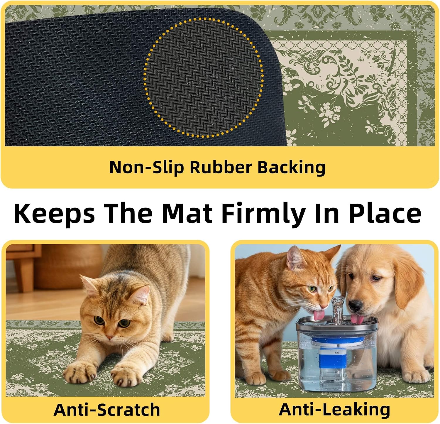 Pet Food Mats for Floors, Vintage Green Bohemia Style Non-Slip Absorbent Pet Feeding Mat for Floors, Cat & Dog Placemat for Food & Water Bowls 16x24 inch