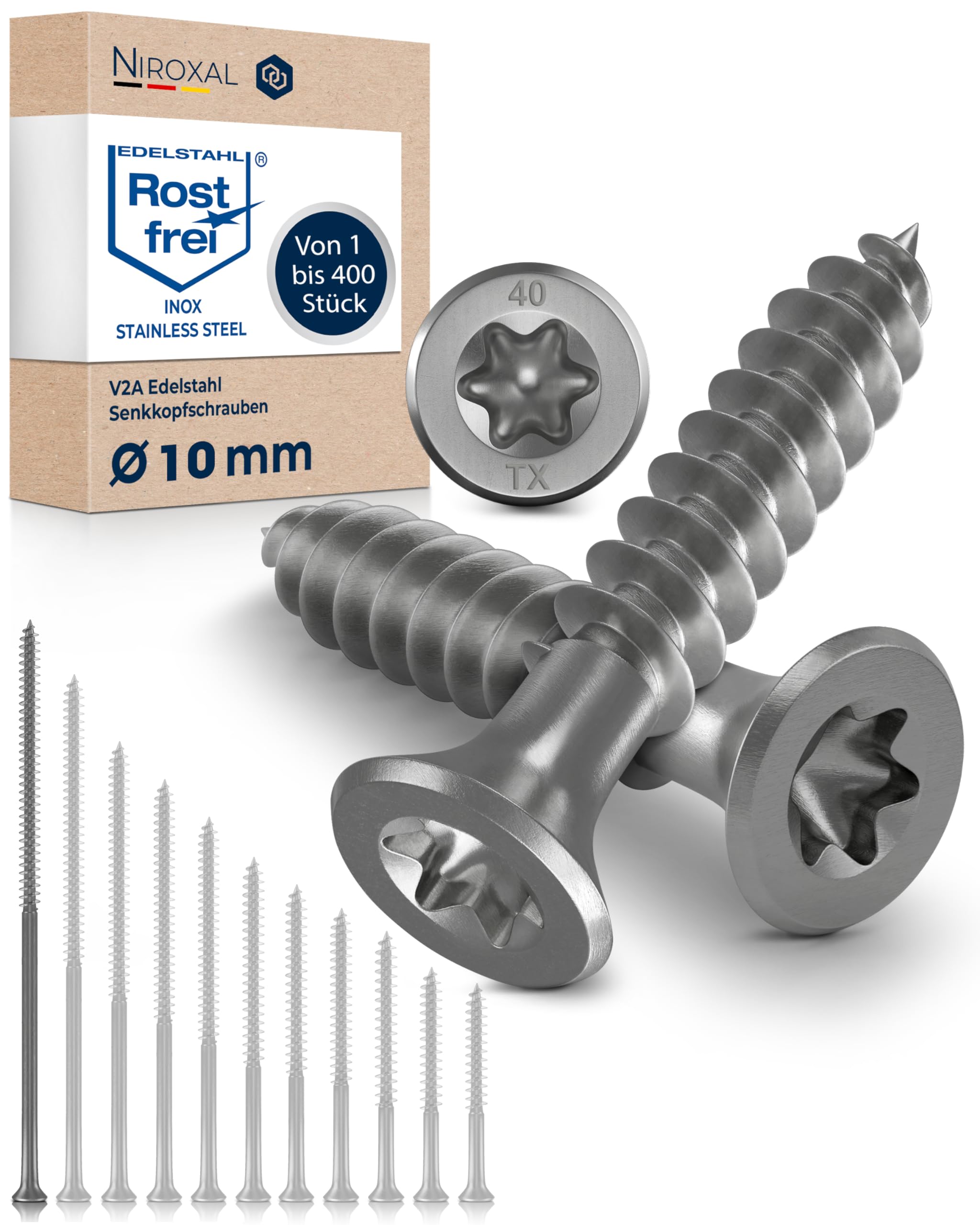Wood Screws 10 x 260 mm TORX Countersunk Head Stainless Steel 304 Chipboard Screws Timber Screws Partial Thread Rustproof A2 1 Pack