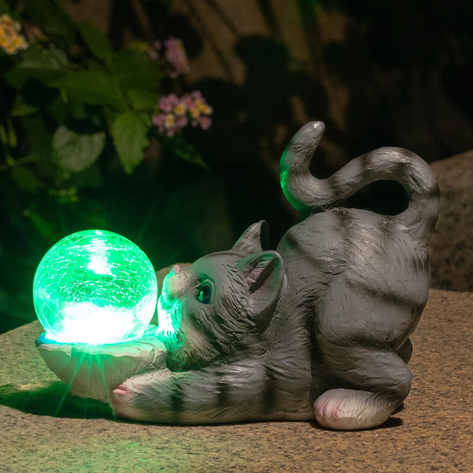 HUYIENO Solar Garden Statue Outdoor Cat Decor Figurine Lights Waterproof Garden Decor with Solar Crackled Ball Lights Housewarming Gifts for Yard,Patio,Lawn
