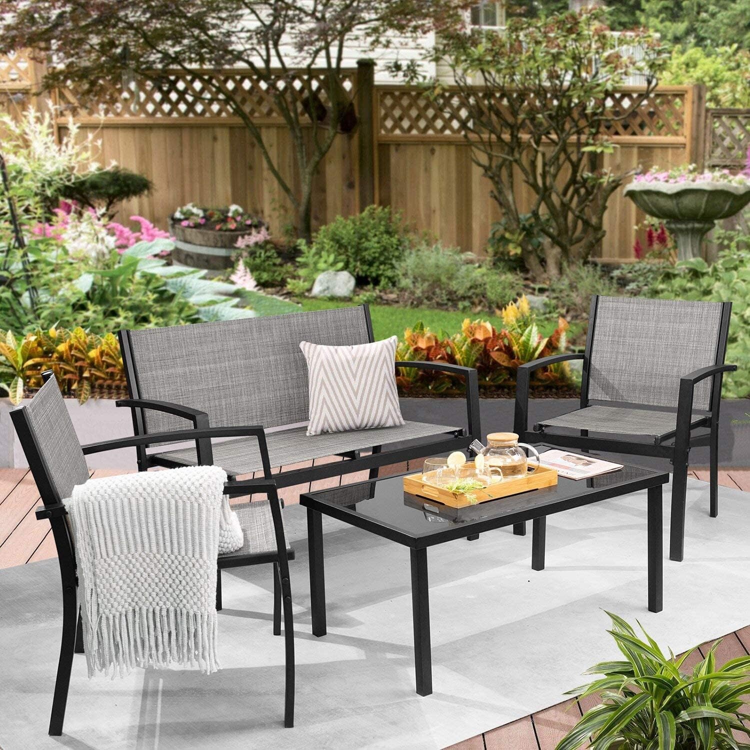 Greesum 4 Pieces Patio Furniture Set, Outdoor Conversation Sets for Patio, Lawn, Garden, Poolside with A Glass Coffee Table, Gray : Patio, Lawn & Garden