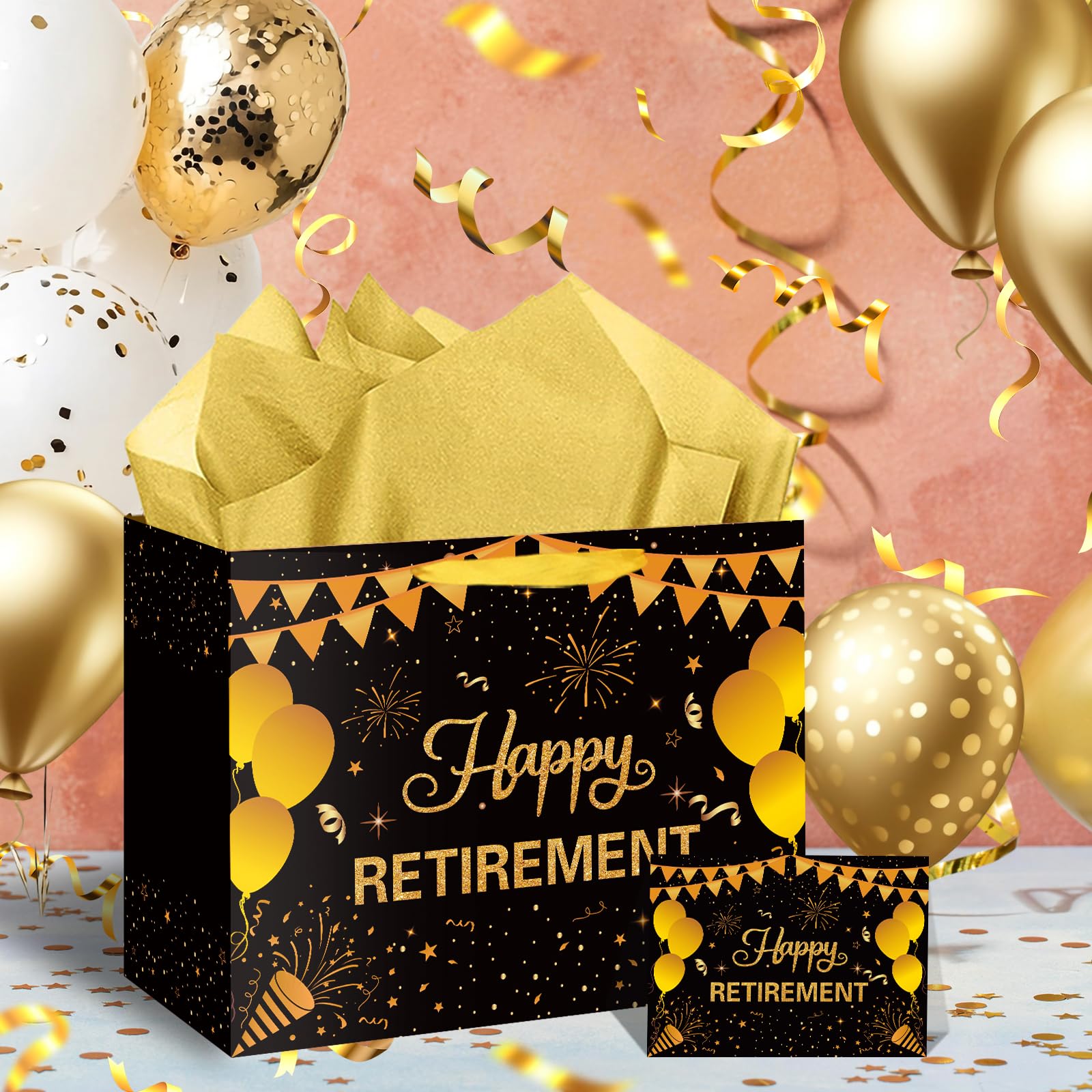 Abilat Happy Retirement Gift Bag with Tissue Paper and Greeting Card Large Black Gold Retirement Party Favor Wrapping Bag for Men Women Coworkers Farewell Going Away Party Supplies