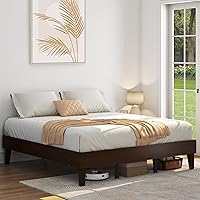 Vista 43 de Yaheetech Base de cama matrimonial con plataforma de madera maciza natural con soporte de listones de madera, espacio debajo de la cama de 12 Nogal