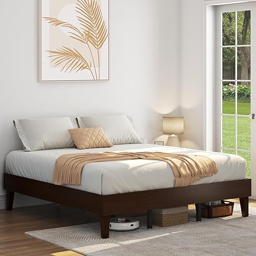 Miniatura 36 de Yaheetech Base de cama Queen con plataforma de madera maciza natural con soporte de listones de madera, espacio debajo de la cama de 12 pulgadas