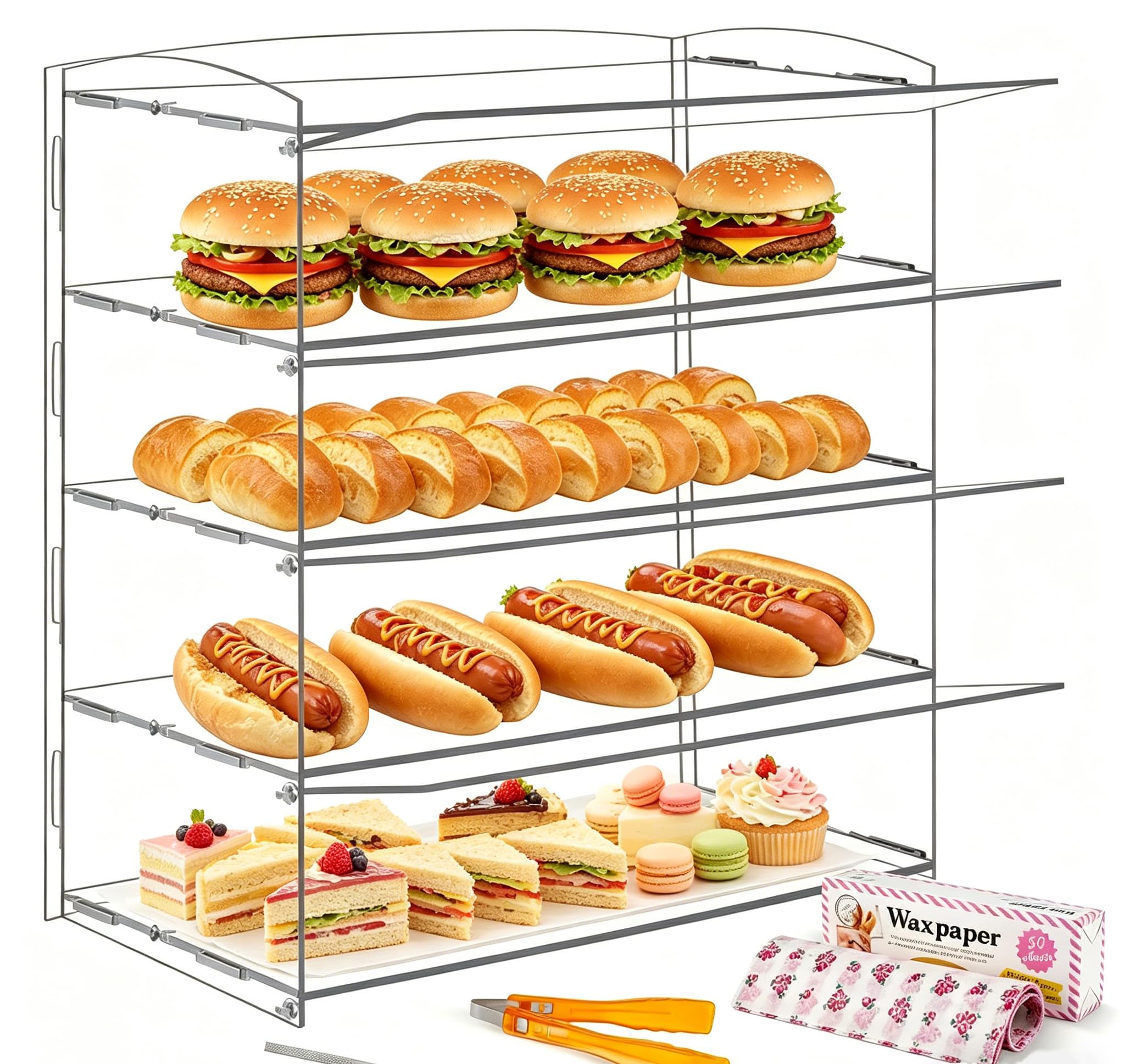 BAOSHISHAN Présentoir à pâtisserie en acrylique transparent à 4 niveaux avec pince de service pour gâteaux, gâteaux, beignets, 50,8 x 24,9 x 50,9 cm (L x l x H) (4 niveaux)