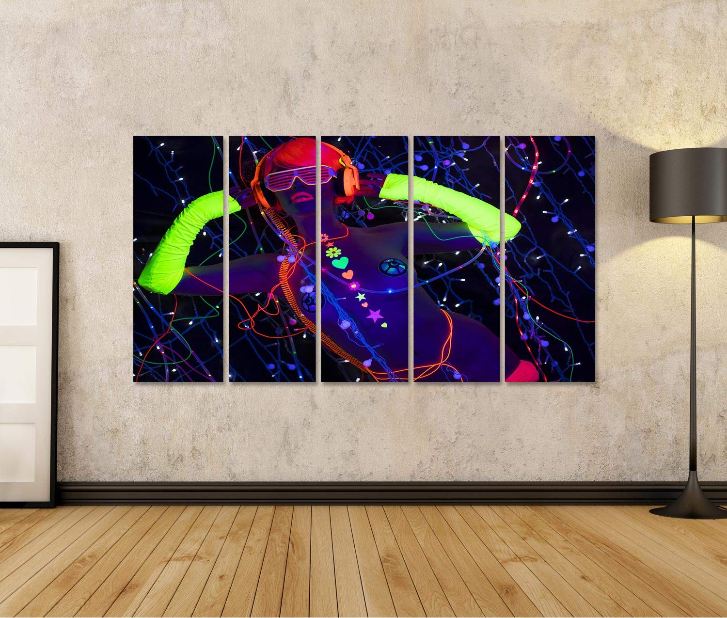 islandburner Quadro su tela Donna Sexy Cyber Raver In Abbigliamento Fluorescente Filmato Sotto Una Luce Nera Uv Cornice Poster Poster Da Parete Quadri
