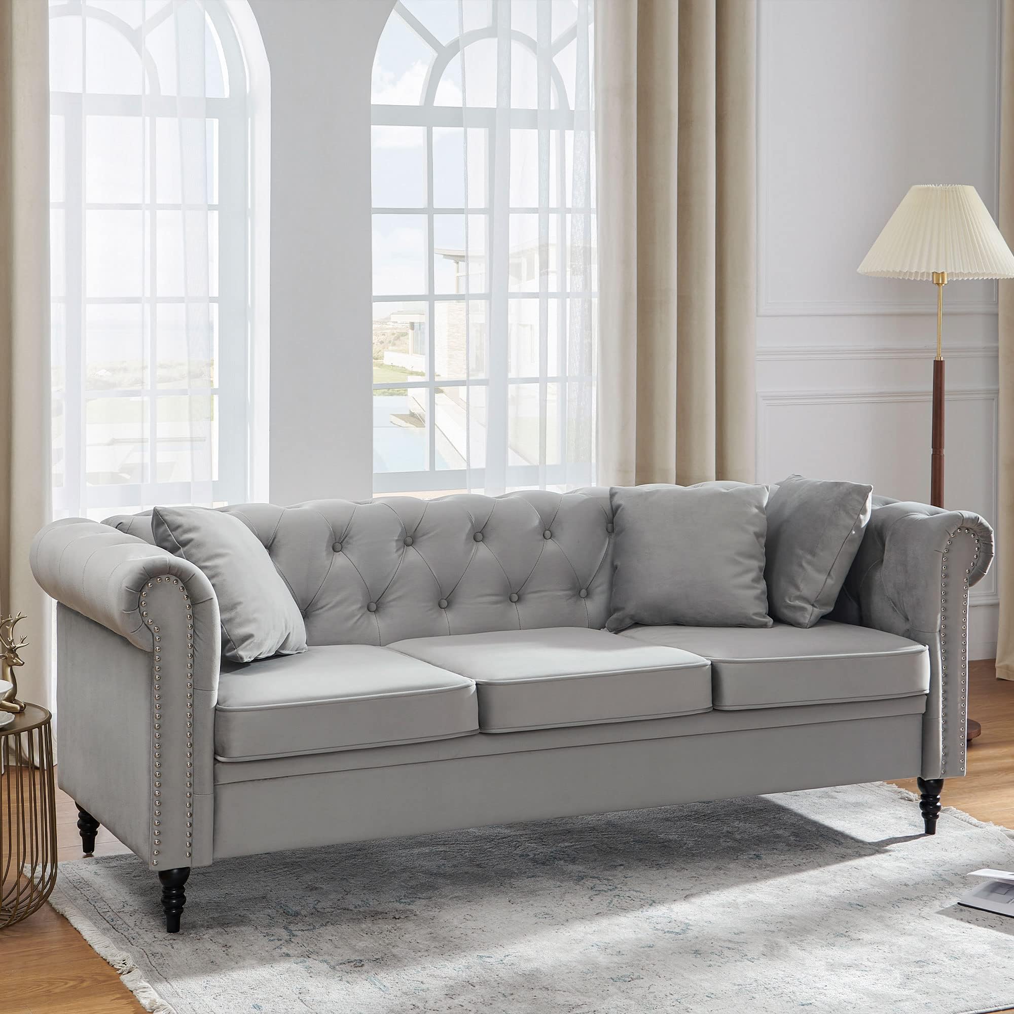 Chesterfield Sofa Velvet,3 Seater Couch Furniture,Couches for Living Room with Deep Button Tufting,Large Sofa with Rolled Arms (Grey)