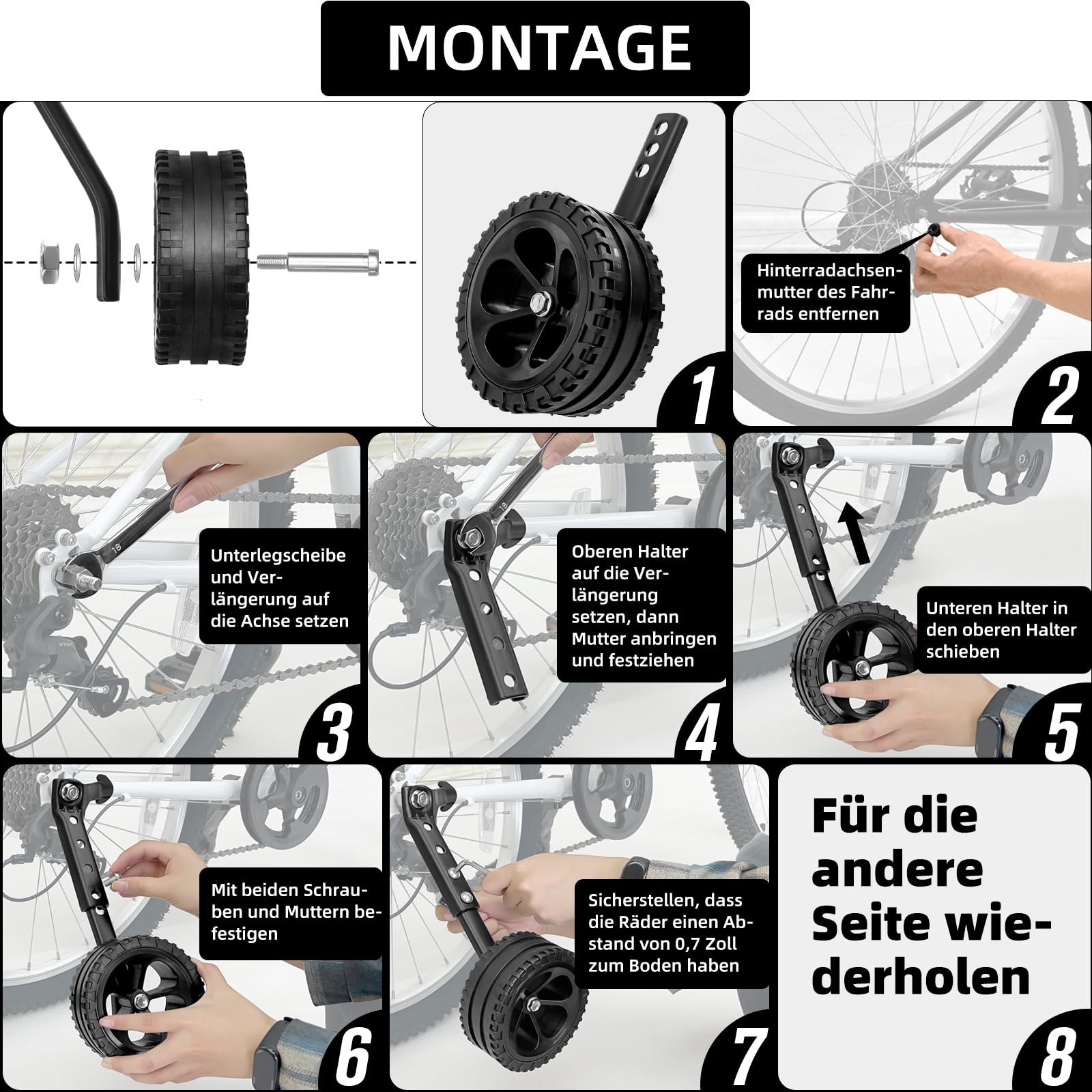 Verstellbare Fahrrad-Stützräder für Kinder - Stützräder-Set für 16, 18, 20, 22, 24 Zoll Kinderfahrräder mit Mehrgangschaltung - Komplettes Montageset, Schwarz