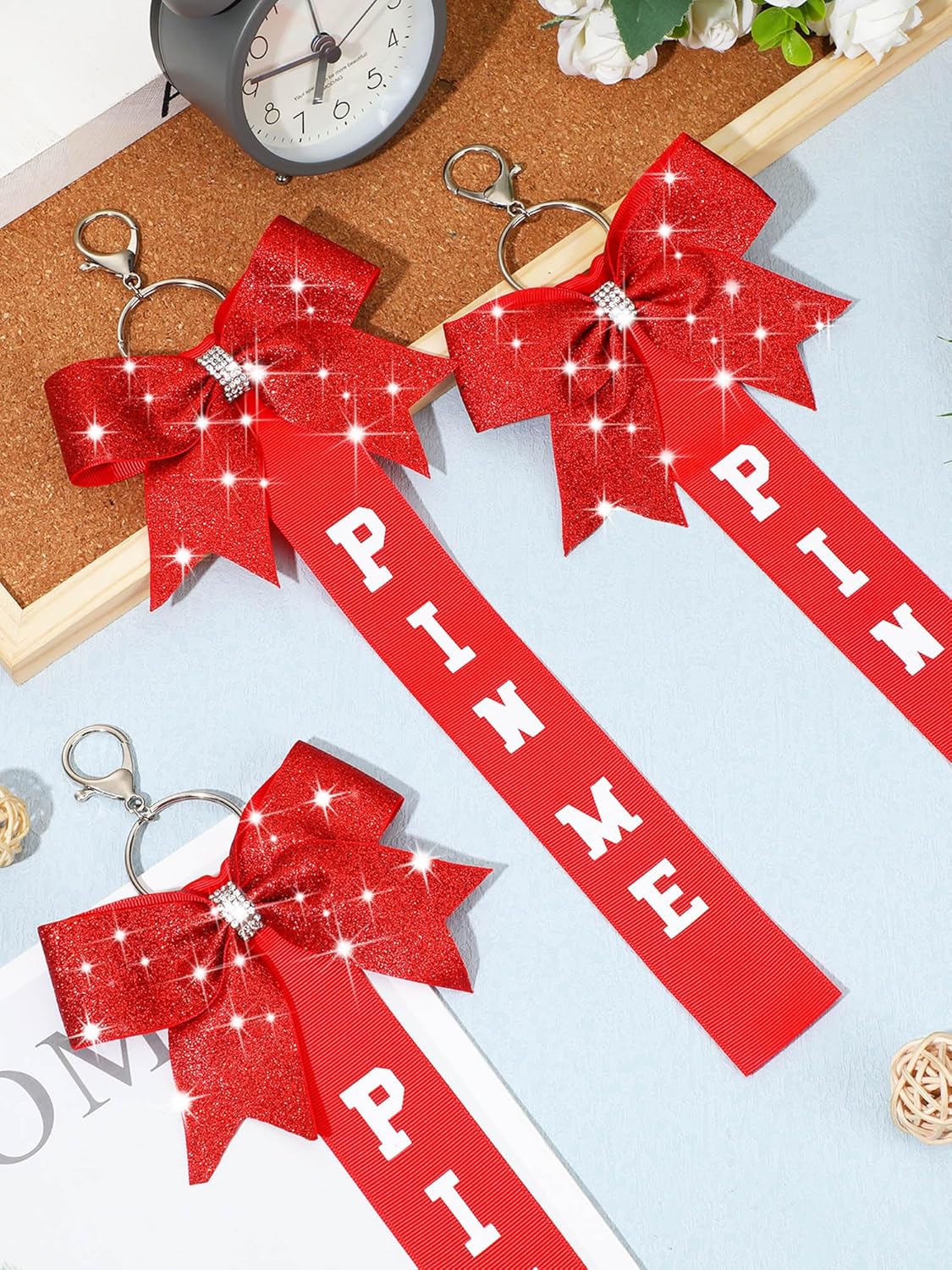 Landical Cheer Pin Me Ribbon Cheerleader Ribbon Keychain with Rhinestones Bow for Cheerleader Bag Backpack - Image 3