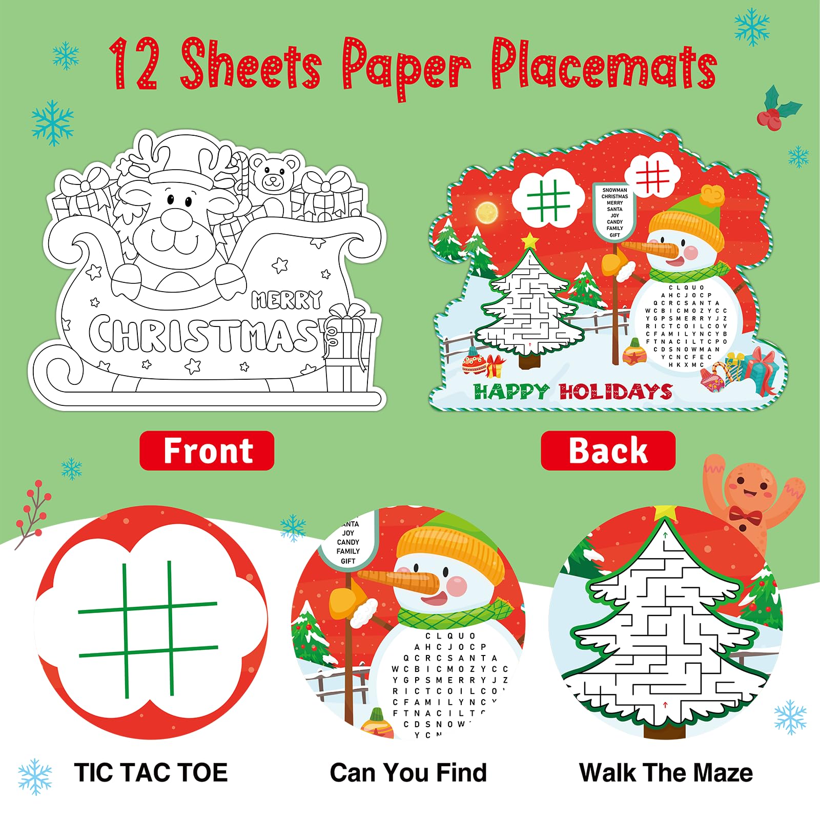 FLYAB Manteles individuales de Navidad para niños, 10 x 13 pulgadas, 12 manteles individuales de papel desechables de doble cara para niños, manteles de Navidad para decoración de fiestas de