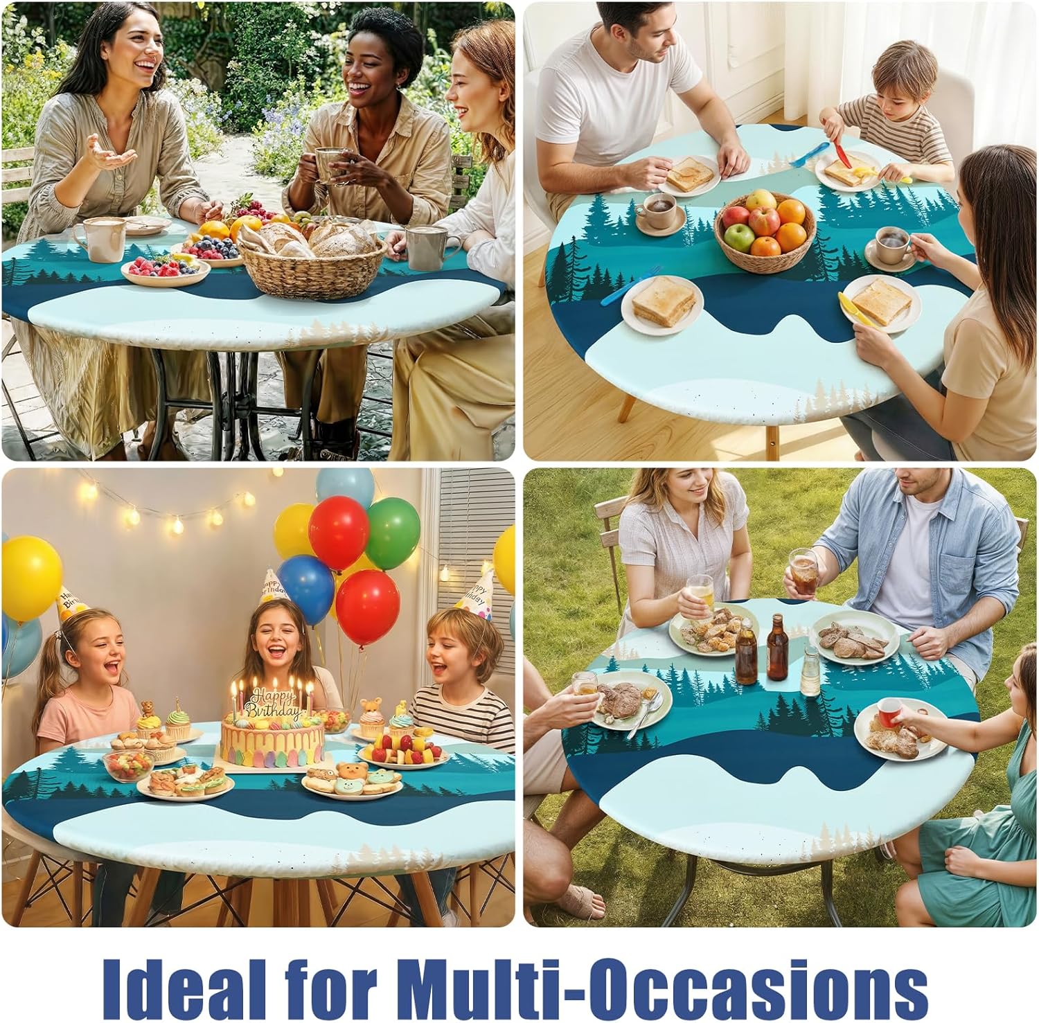 Moosfor Spandex Elastic Fitted Round Tablecloth for 57"-68" Tables, Stretch Washable Reusable Table Cover for Outdoor Picnic, Camping, Dining, Kitchen, Patio and Party, Forest