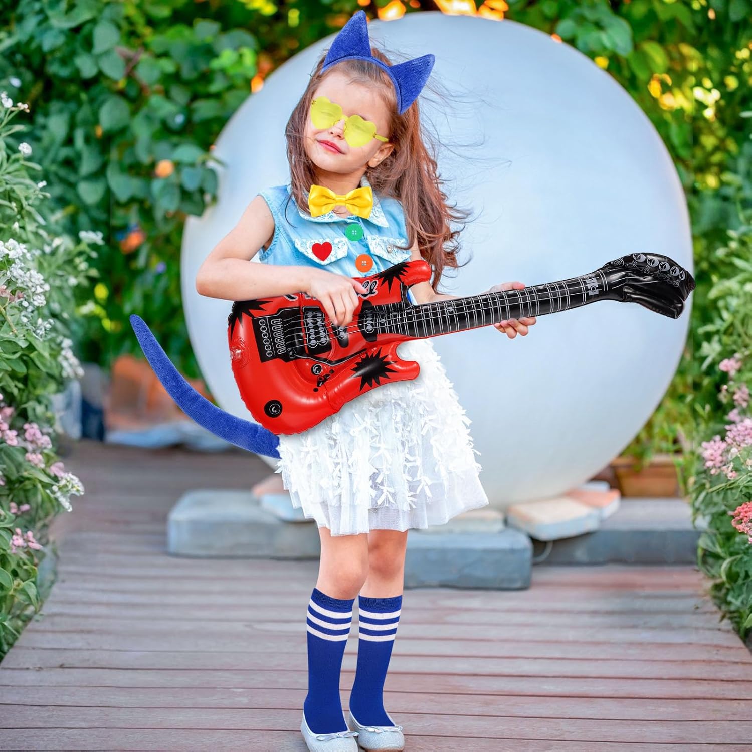 12 Pcs Blue Cat Costume Accessories Set - Cat Ears Headband Tails Glasses Bowtie Heart & Button Stickers Guitar Shaped Balloons Stockings for Halloween Read Book Day Kitty Dress Up - Image 7