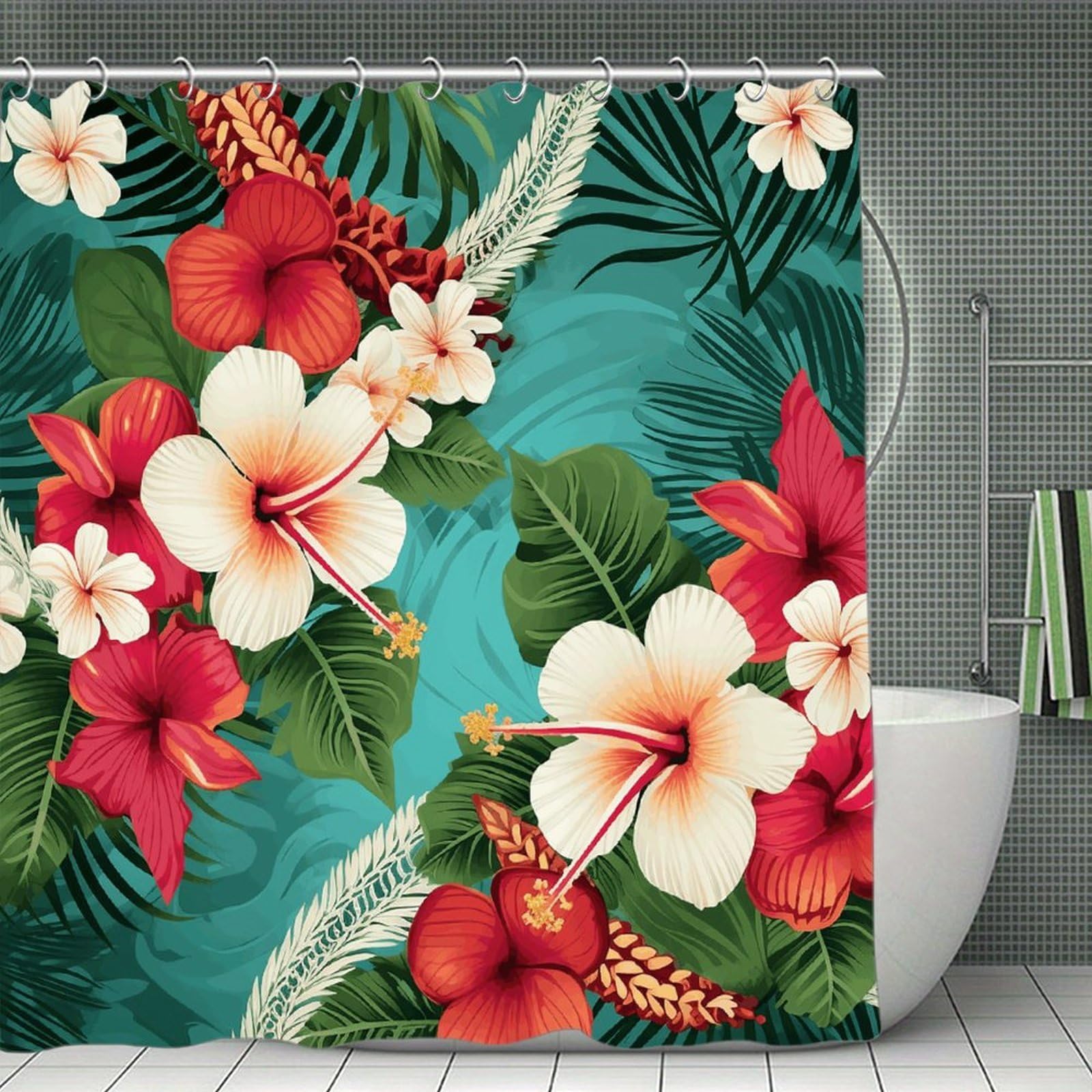 VstaDank Hawaiian Flowers on Green Background Shower Curtain Light-Weight Blackout Bathroom Curtain Washable Shower Liner 71x71 Inch Bath Curtain with Metal Holes Bathtub Bath Room