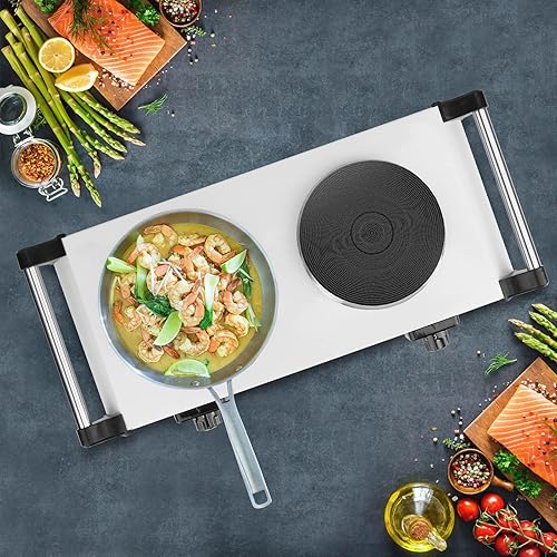 Miniatura 7 de Placa caliente de 2000 W, estufa eléctrica portátil para encimera, quemadores dobles con control de temperatura de 5 niveles y asas que se mantienen