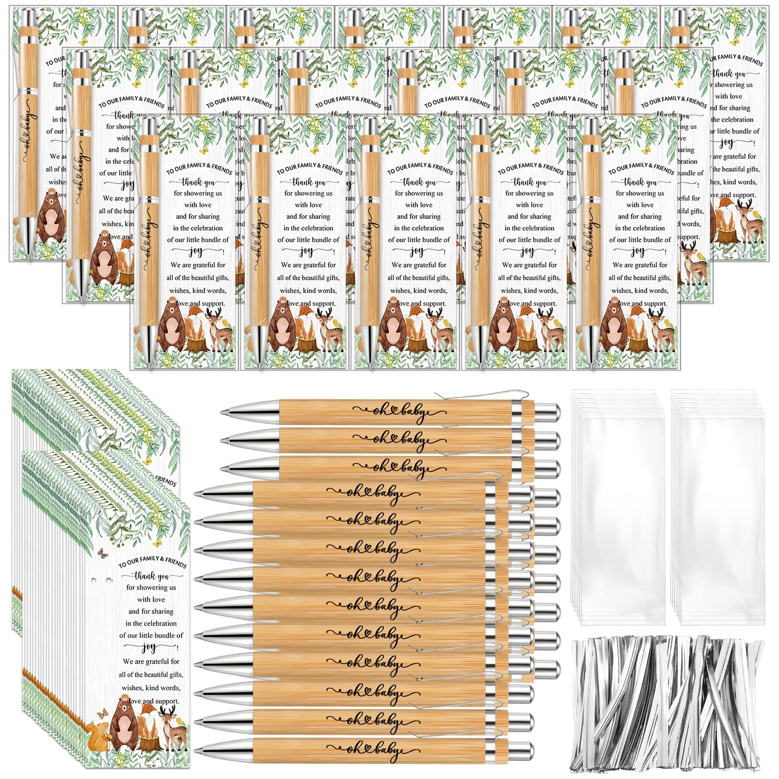 Zhanmai 72 Sets Woodland Animals Baby Shower Favors Include Bamboo Pens and Thank You Cards Cable Ties Woodland Baby Shower Party Decoration Gender