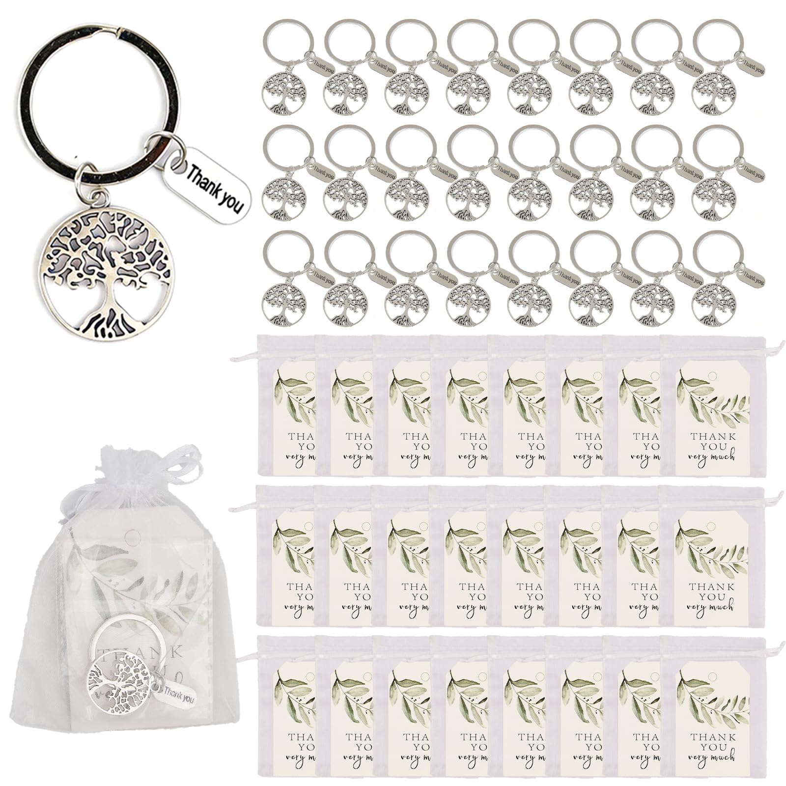 24 Pezzi Portachiavi Albero Della Vita con 24 Sacchetti Organza e Biglietti di Apprezzamento Sacchetti Albero Della Vita Portachiavi di Ringraziamento per Famiglia,Insegnanti,Laurea