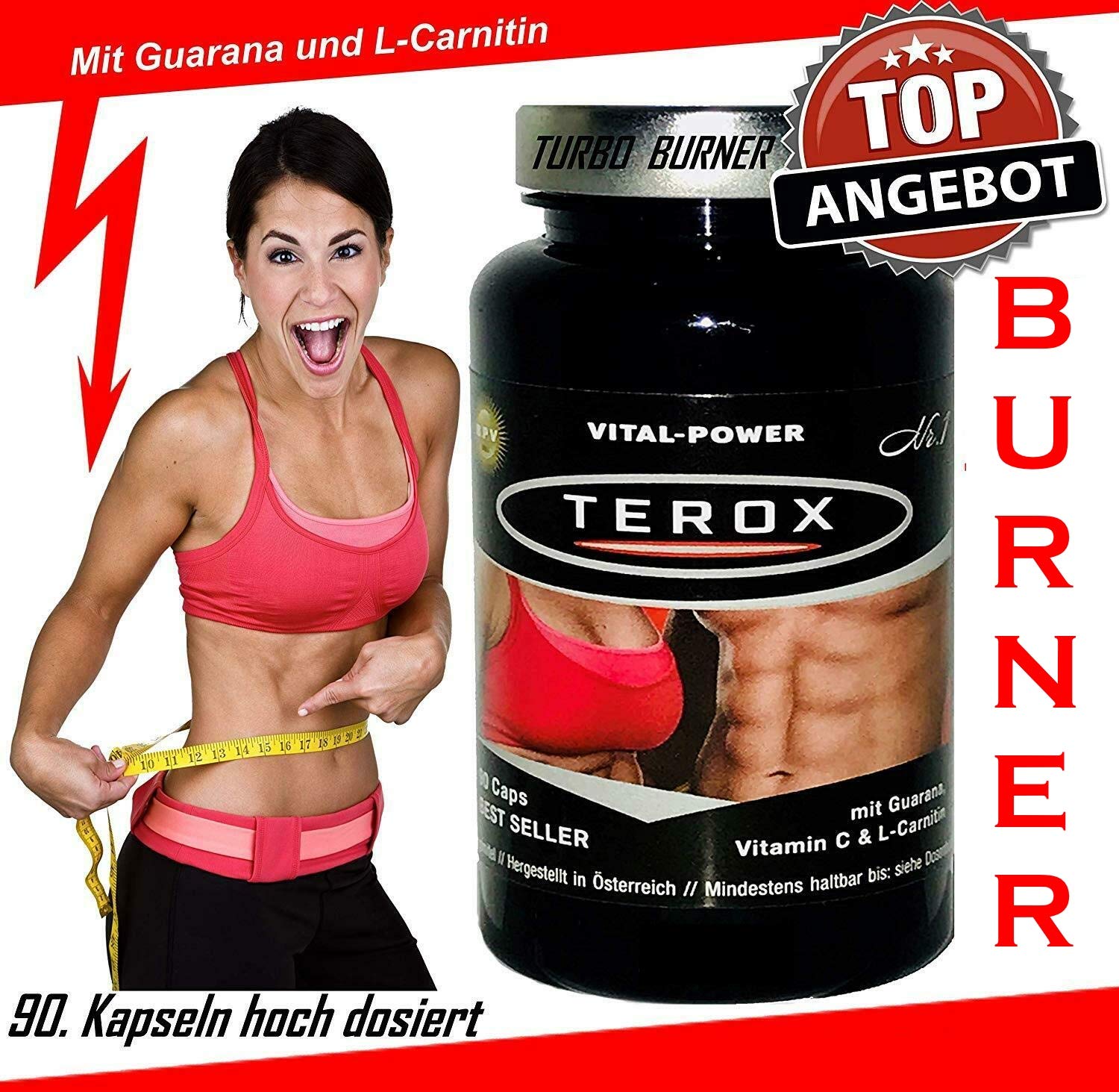 B.P.V - Terox 180 Kapseln Turbo TF-burner. Mit Guarana-Extrakt, Vitamin C, Bitterorangen-Extrakt, L-Carnitin, Grüner Tee-Extrakt