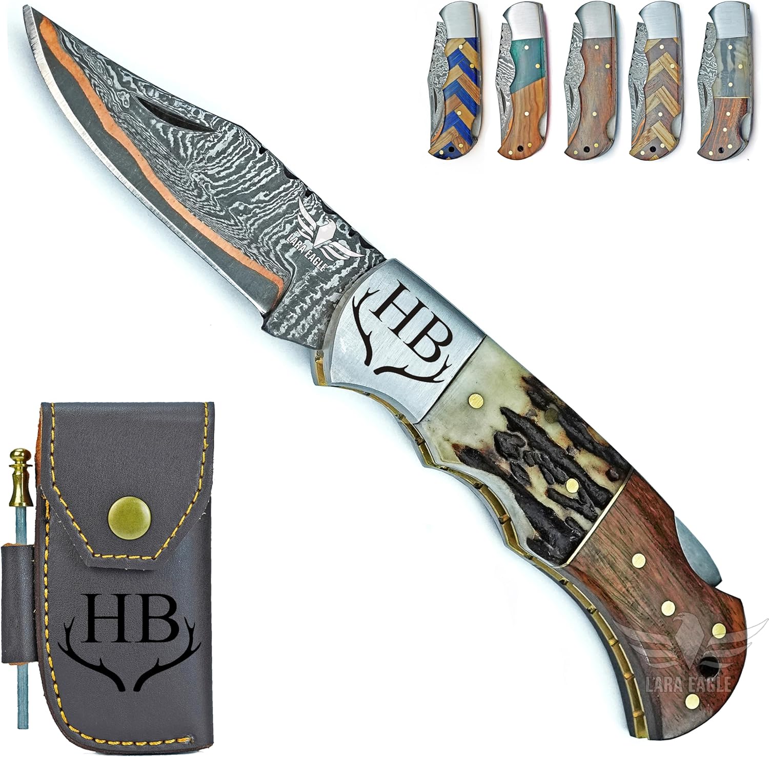 Personalized Copper Damascus Pocket Knife – Olive & Green Handle, Folding Tactical Hunting Knife with Sheath & Sharpener – Perfect for Outdoor Use (Staghorn, Rosewood)