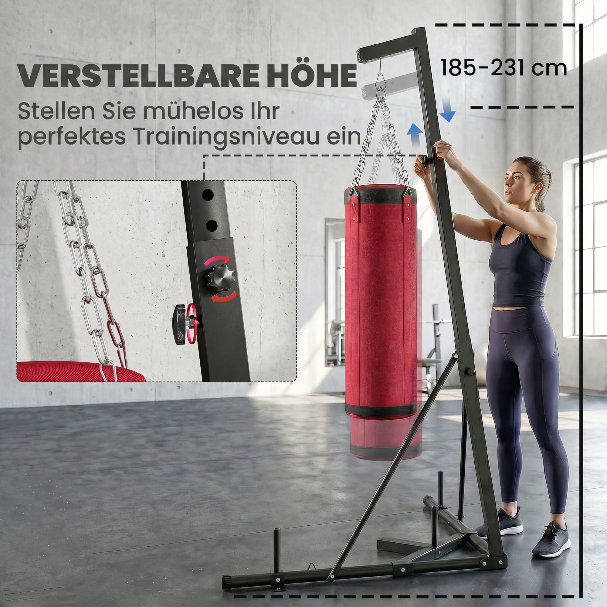 SPORTNOW Boxsackständer 185-231cm Höhenverstellbar Freistehender Boxsackhalter mit Boxsack Dreiecksbasis Gewichtenhalter, Stahl Boxsackhalterung Boxsack Trainingsgerät für Heimtraining Fitnessstudio