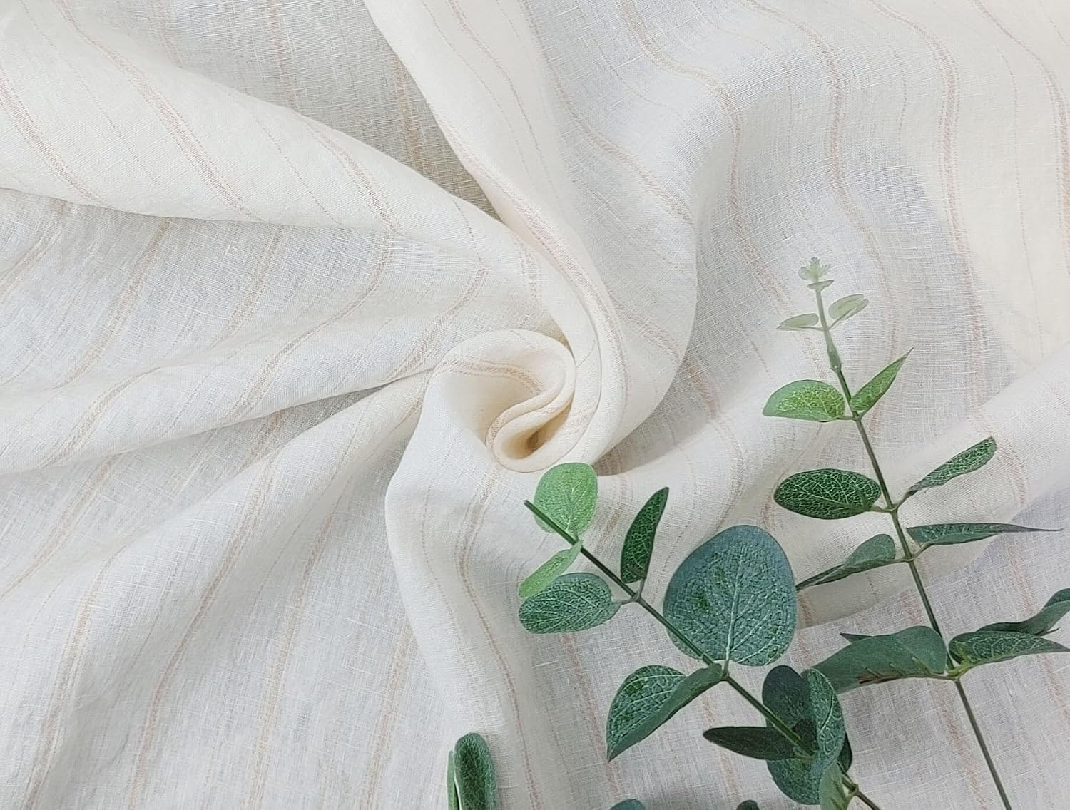 100% Linen Fabric with Subtle Beige Stripes, Medium Weight 7854 Ivory