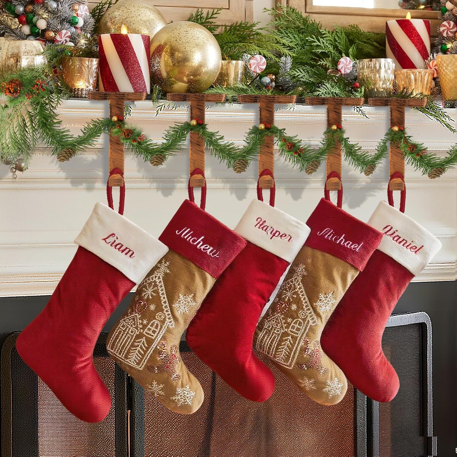 Mantel Hangers for Garland, Christmas Stocking Holders for Mantel Set of 4, Fireplace Garland and Stocking Holder – Bronze Metal Hooks with Non-Slip Protective Pad for TV Stand, Staircase, Dresser