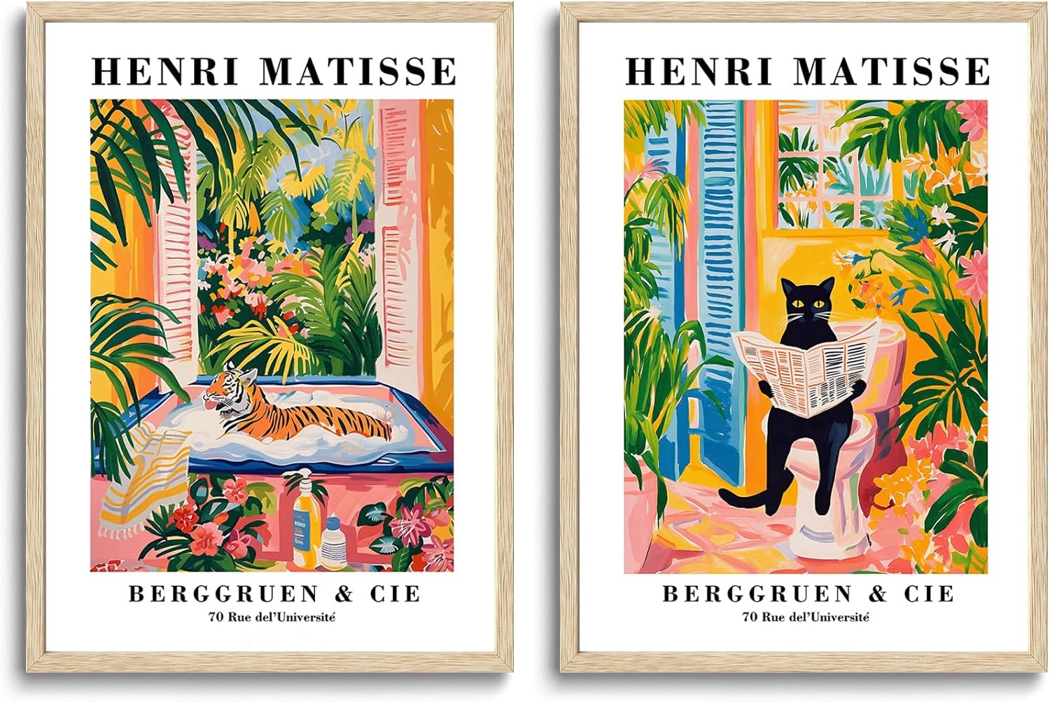 WOKAOGO 2 Piece Framed Wall Art Cat Tiger Wall Decor Animal Canvas Art Botanical Pictures Whimsical Paintings Cute Prints Matisse Artwork for Kids Bathroom Restroom