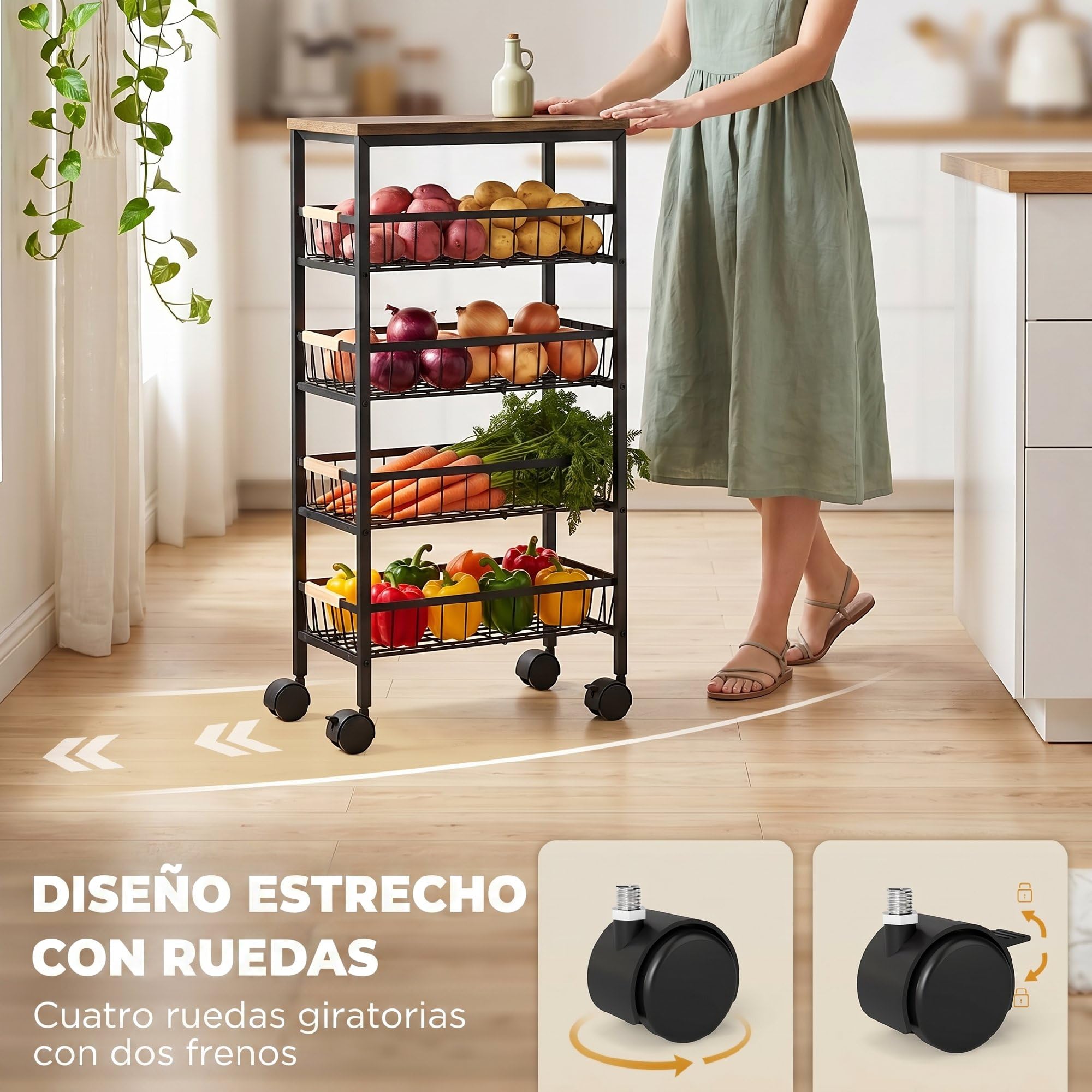 HOMCOM Carrito Auxiliar con Ruedas 4 Cestas Extraíbles 15 kg Marrón Rústico | Carrito de Cocina, Marco Metálico, Tiradores de Madera, para Comedor, Sala de Estar, Baño, 40x24x81,5 cm