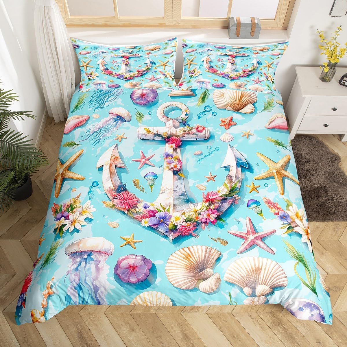 Ocean Anchor Duvet Cover Set Toddler Size Watercolor Marine Life Bedding Set 2pcs for Kids Starfish Shell Jellyfish Comforter Cover Dreamy Underwater World Quilt Cover,1 Pillowcase(Not Comforter)