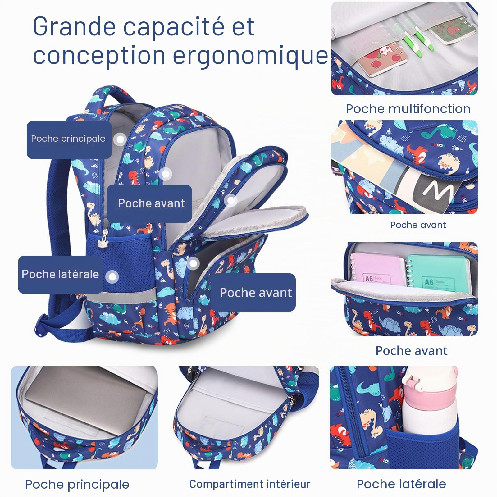 FANDARE Sac à Dos Dinosaure Maternelle avec Bandes Réfléchissantes - Cartable Scolaire Garçon/Fille Stitch Bleu