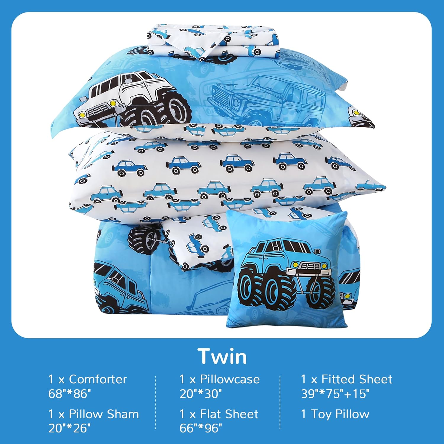 Mooreeke Kids Twin Comforter Sets for Boys 6 Pieces Truck Blue Bedding Set for Teens Soft Microfiber Kids Bed in A Bag with Comforter, Sheet Set, Shams and Decorative Toy Pillow All Season - Image 6