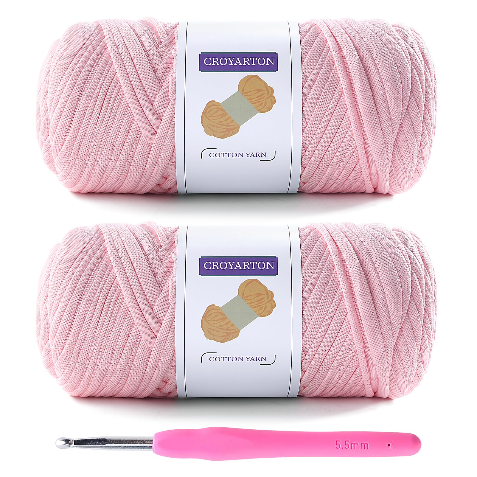 2 Pack T Shirt Yarn for Crocheting with 1 Crochet Hook, Elastic Tshirt Yarn for Crochet Bag/Baskets/Home Decor, Spaghetti Yarn Thick Knitting Yarn Total Length 130 Yds (Cherry Blossom Powder)