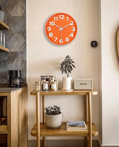 Miniatura 5 de 45MinST Reloj de pared moderno de 12 pulgadas para interiores y exteriores, diseño naranja minimalista, silencioso, sin tictac, números grandes,