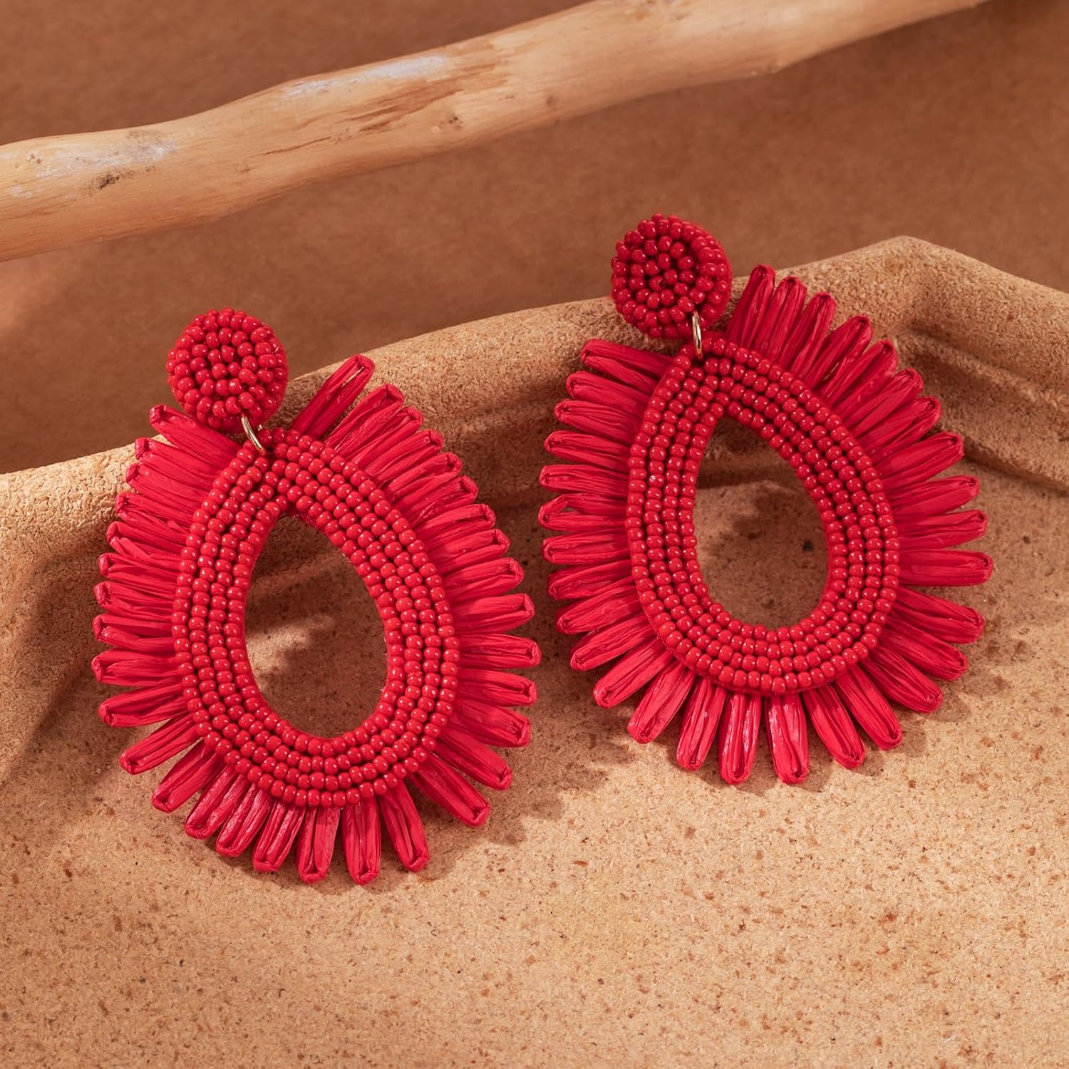 Raffia Statement Beaded Earrings Boho - Handmade Teardrop Dangle Earrings for Summer Beach Vacation - Image 5