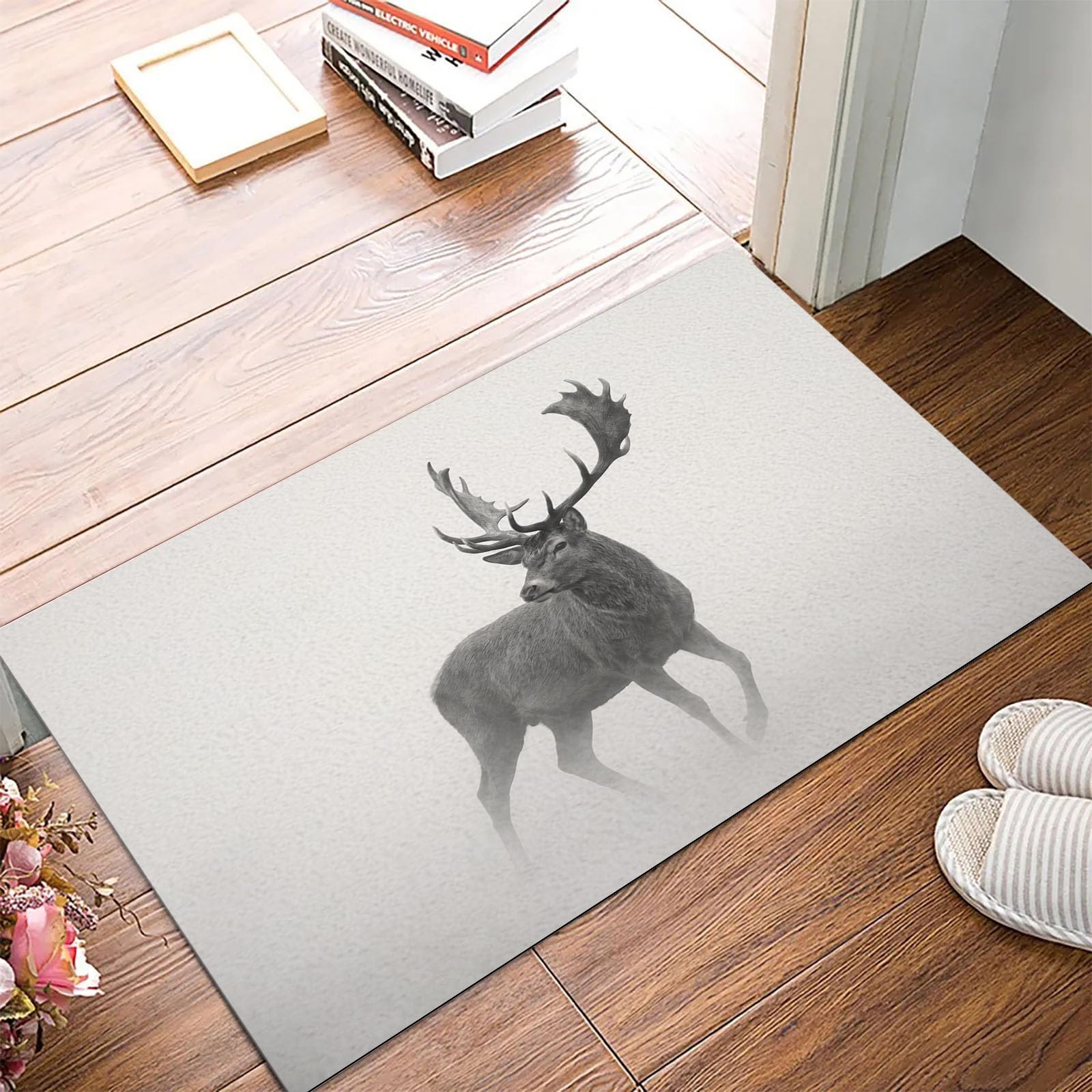 Felpudo Entrada Casa, 90X150Cm Alfombra Entrada Antideslizante Renos De Niebla Natural, Alfombrilla Fino Animales Simples Absorbentes Lavable para Entrada, Pasillo, Cocina, Beige