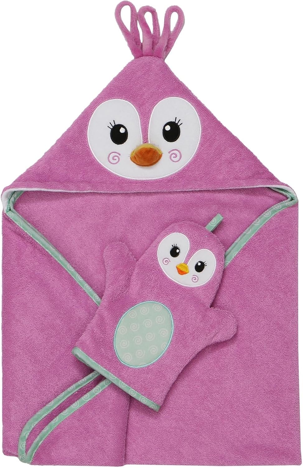 ZOOCCHINI Bath Mitt for Kids – 100% Cotton Terry with Soft Lining, Playful Animal Puppet Design for Fun Bathtime, One Size 5” x 9.25”, Penny the Penguin
