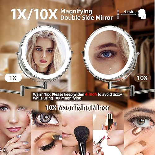 Miniatura 3 de Espejo de maquillaje iluminado de pared de 9 pulgadas con aumento, espejo de aumento 1X10X con luz, LED de 3 colores regulable 2000 mAh recargable