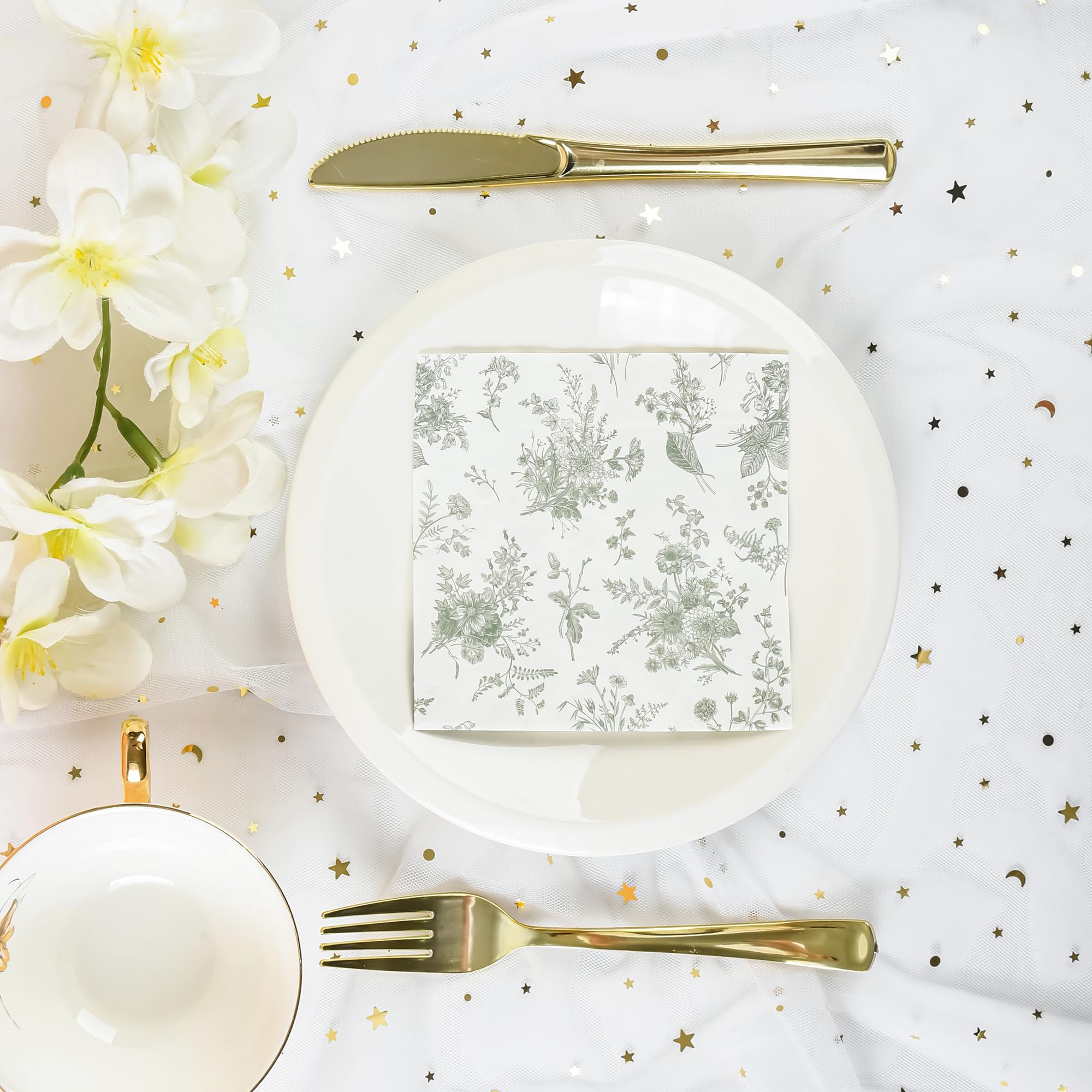 100 Stück Blumen-Servietten Salbeigrün & Weiß – 3-lagige Papierservietten Für Hochzeit, Baby-Shower, Geburtstag & Feiern