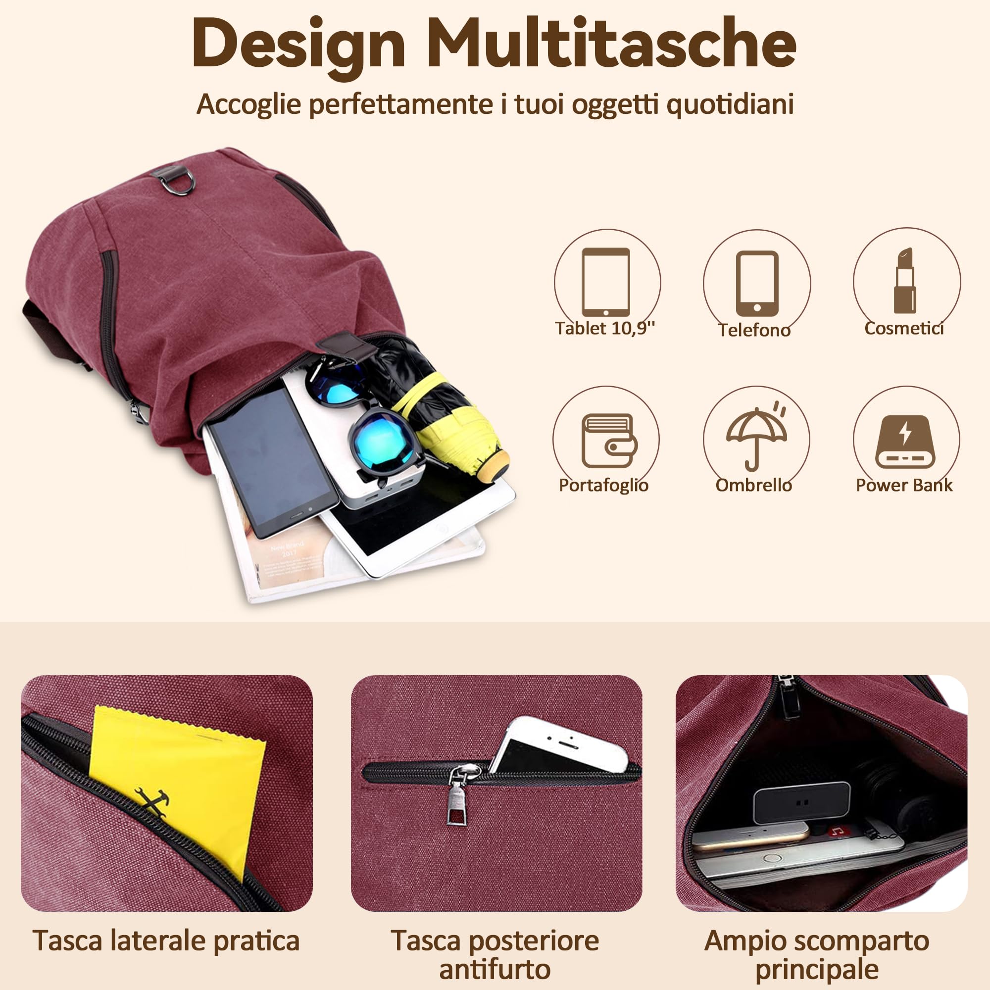 Moda Donna Zaino in Tela Zainetto Borse a Spalla Borsa da Viaggio in Casual Zaino Antifurto Grande Capacità Borsa da Scuola Rosso