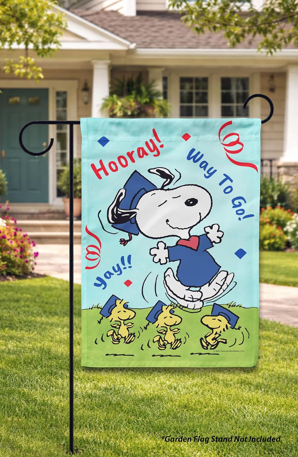 Flagology, PEANUTS Snoopy Happy Graduates – Garden Flag 12" x 18", Officially Licensed Peanuts, Outdoor Graduation Decoration Graduating Class Grad Party Décor