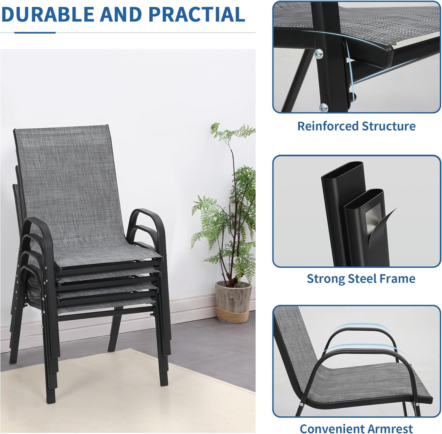 PIZZELLO Patio Chairs Set of 4 - Outdoor Stackable Dining Chairs for All Weather - Breathable Textilene Outdoor Chair Sets with Curved Armrests - 300Lbs Capacity - for Lawn Backyard Garden (Grey)
