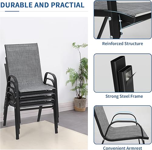 Miniatura 7 de PIZZELLO Juego de 4 sillas de patio, sillas de comedor apilables para todo tipo de clima, juegos de sillas de exterior de textileno ligeras con