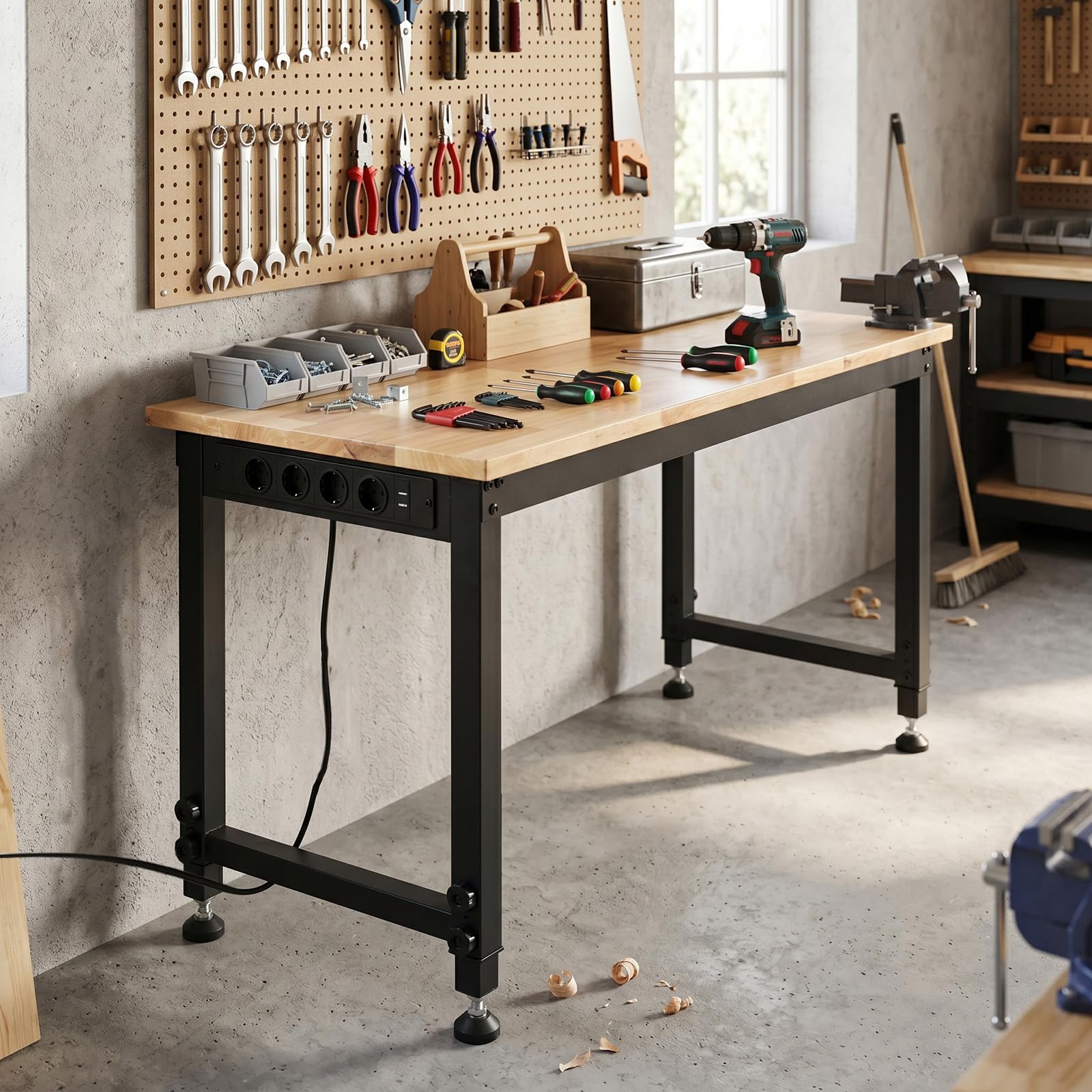 COSTWAY Banco de Trabajo con Estación de Carga, 122 x 51cm, Mesa Trabajo Taller con Altura Ajustable en 6 Niveles, Encimera de Madera Caucho, Marco Metálico, Estación Bricolaje, Carga 900 kg