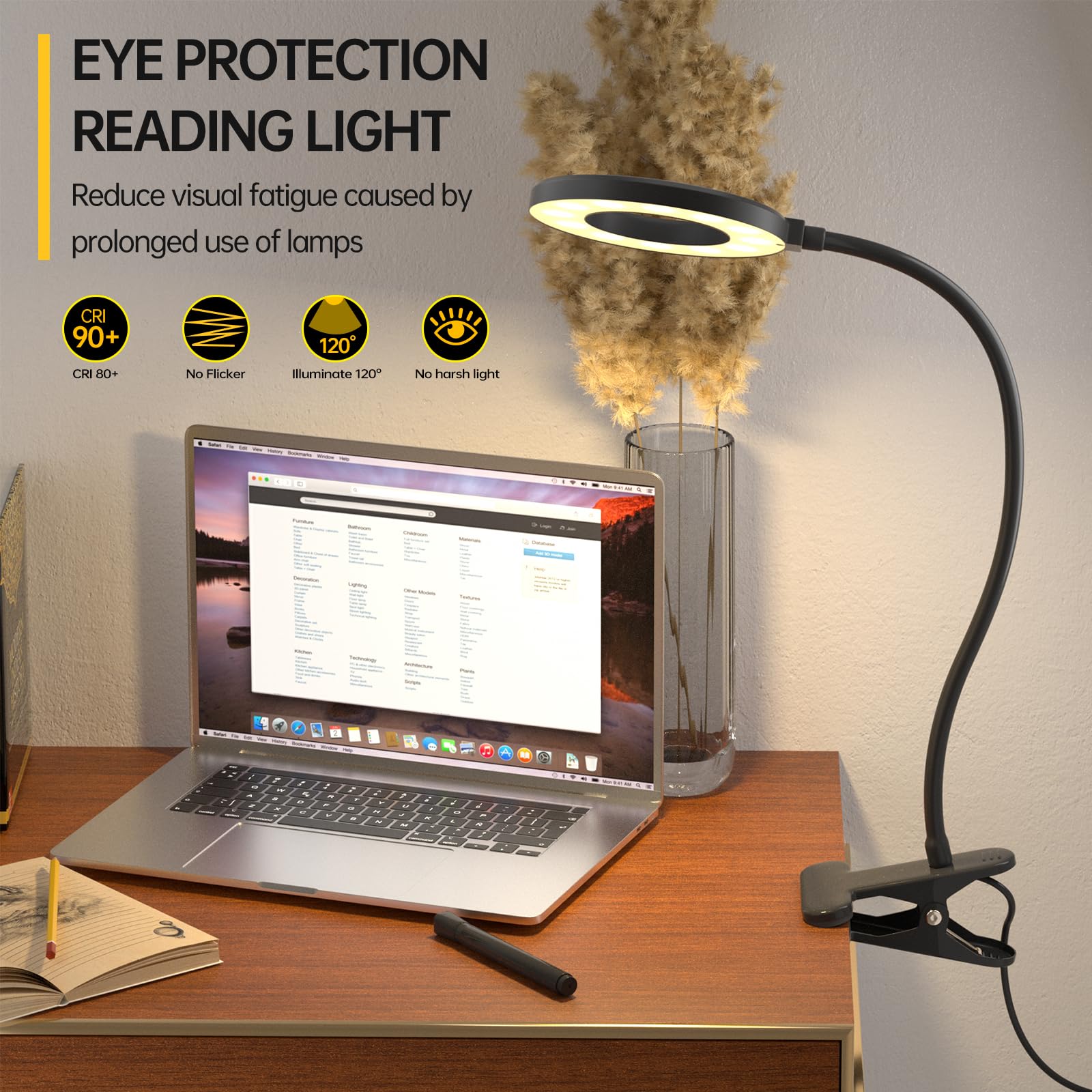 Aisutha Leselampe, Schwanenhals Leselampe Bett Augenschutz Klemmlampe mit 3 Modi & 10 Dimmstufen, 40cm Klemmleuchte für Büro Heimgebrauch, Schreibtischlampe Inklusive Adapter, Schwarz