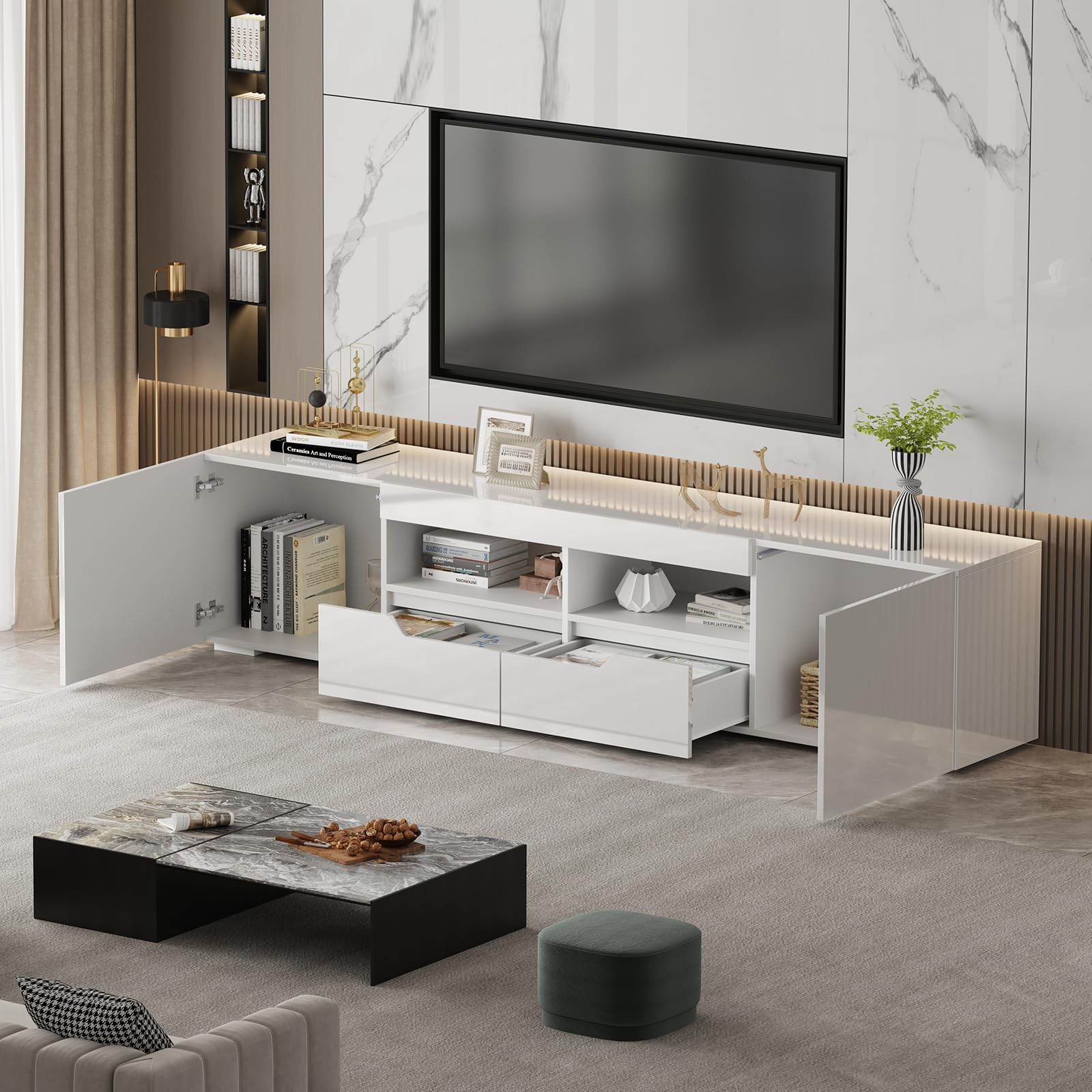 Hochglanz TV-Schrank, TV Lowboard mit Doppel-Schublade und 16 LED Farben Beleuchtung, Fernsehtisch für 65–85 Zoll Fernseher, Griffloses TV Möbel Schränken Für Wohnzimmer Schlafzimmer (Weiß)