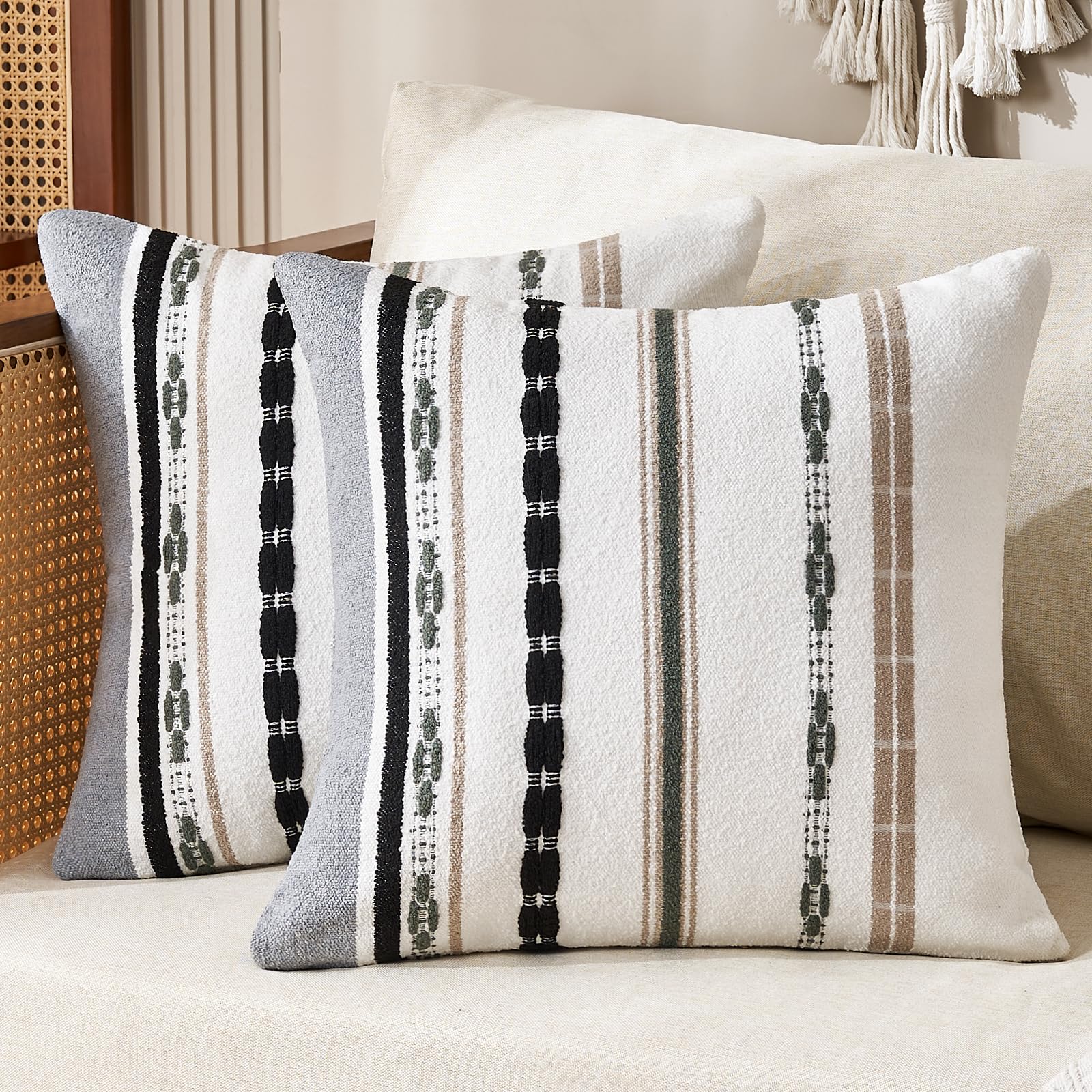 Wosendy Boho Chenille Throw Pillow Covers 18x18 Inch Square Farmhouse Decorative Pillow Covers Set of 2, Beige Striped White Couch Protectors Soft