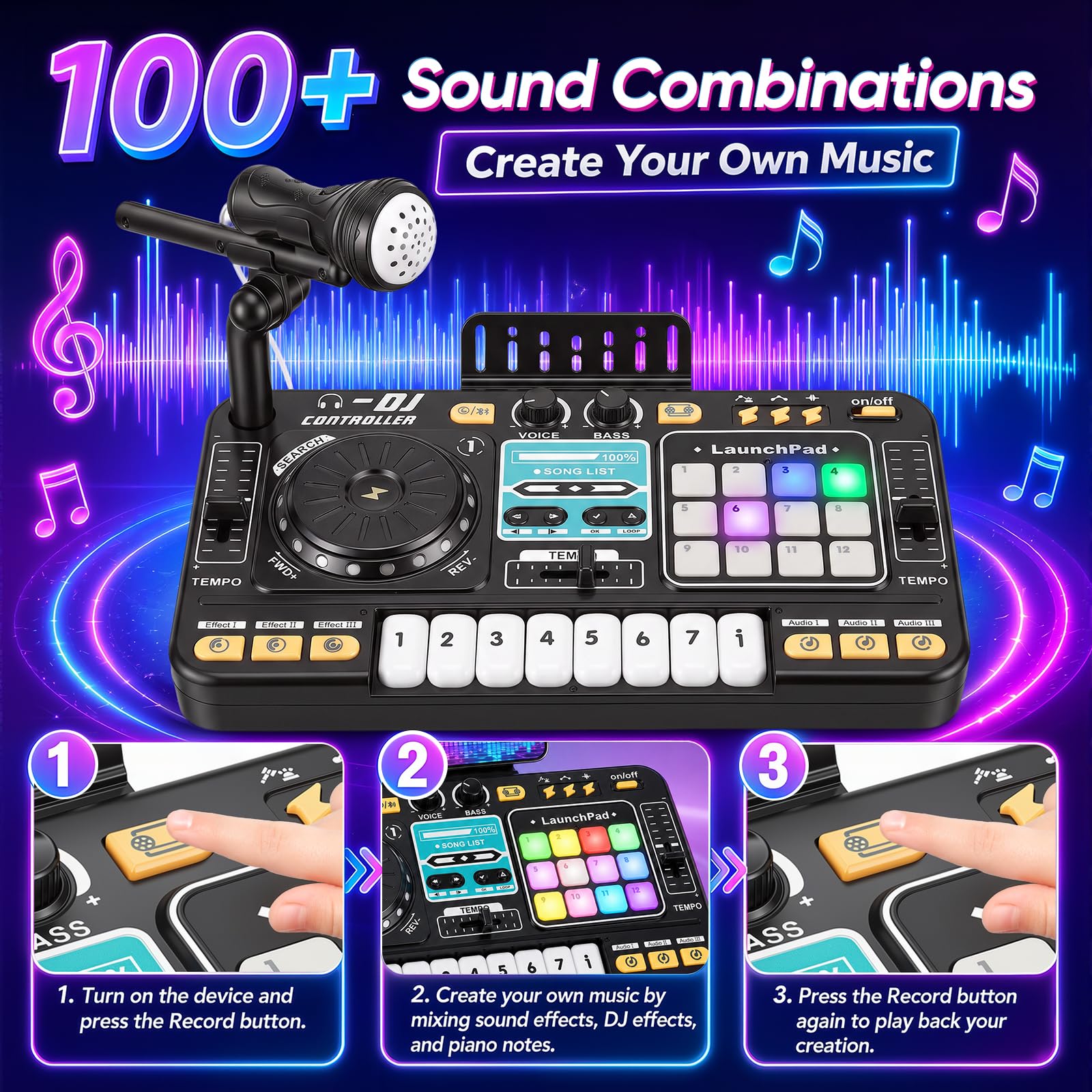 DJ Mischpult DJ Pult für Kinder 3-9 Jahre, DJ Controller DJ Mixer Musikinstrumente mit Mikrofon 100+ Soundeffekten Licht Akku, Geschenk für Jungen Mädchen 3-9 Jahre