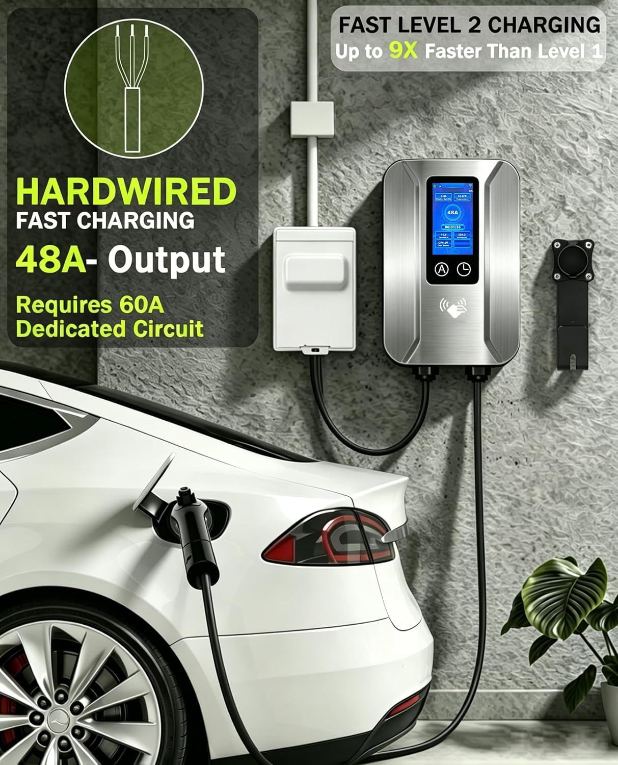 Level 2 EV Charger 48 Amp, 240V Hardwired EV Charging Station, J1772 Connector, RFID Card Access, WiFi Smart Control, 25FT Cable, Fast Charging for Home Indoor/Outdoor