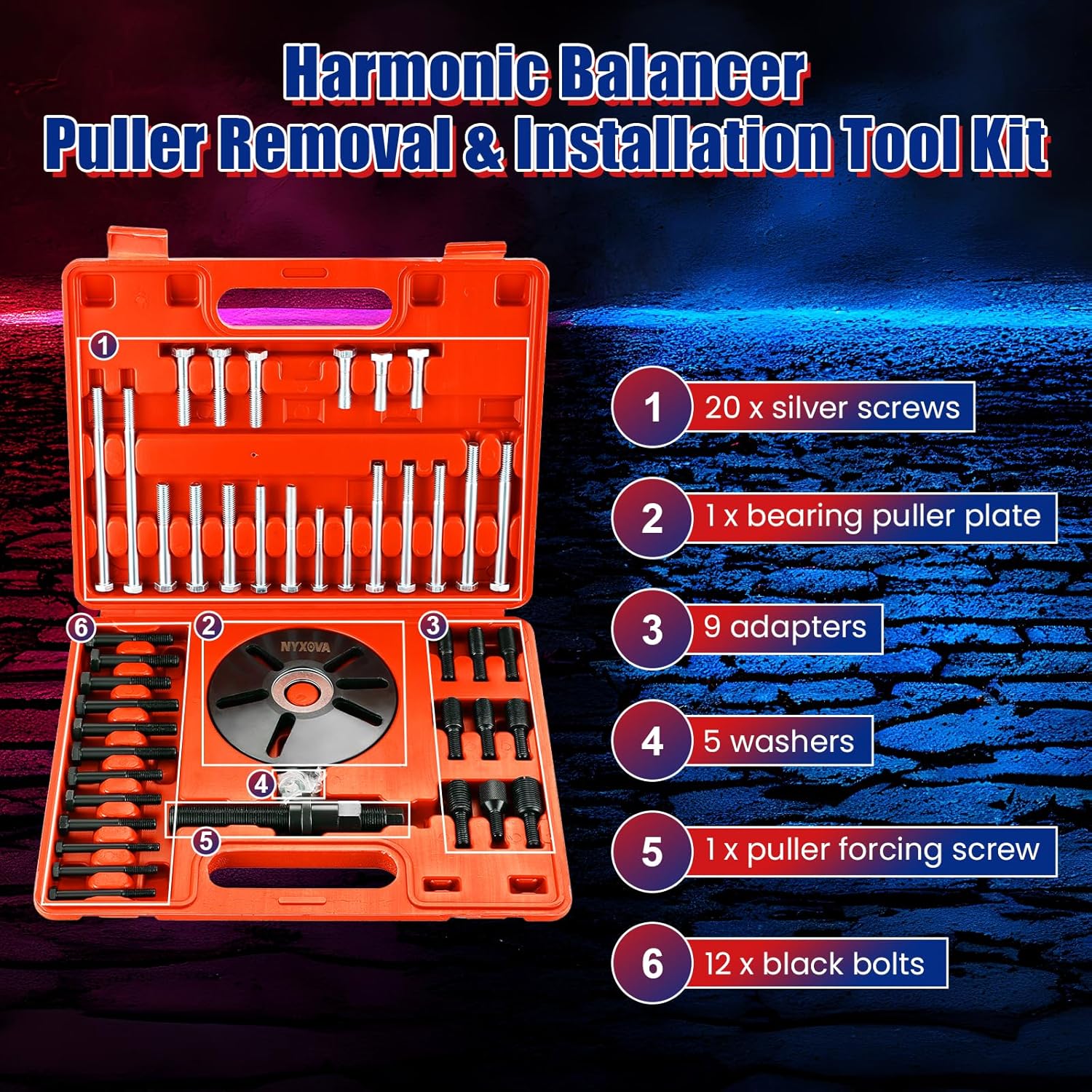 Harmonic Balancer Puller Removal & Install Tool Kit, Flywheel Remover Crankshaft Pulley Removal Installation Set, Steering Wheel Pulling Set (Red)