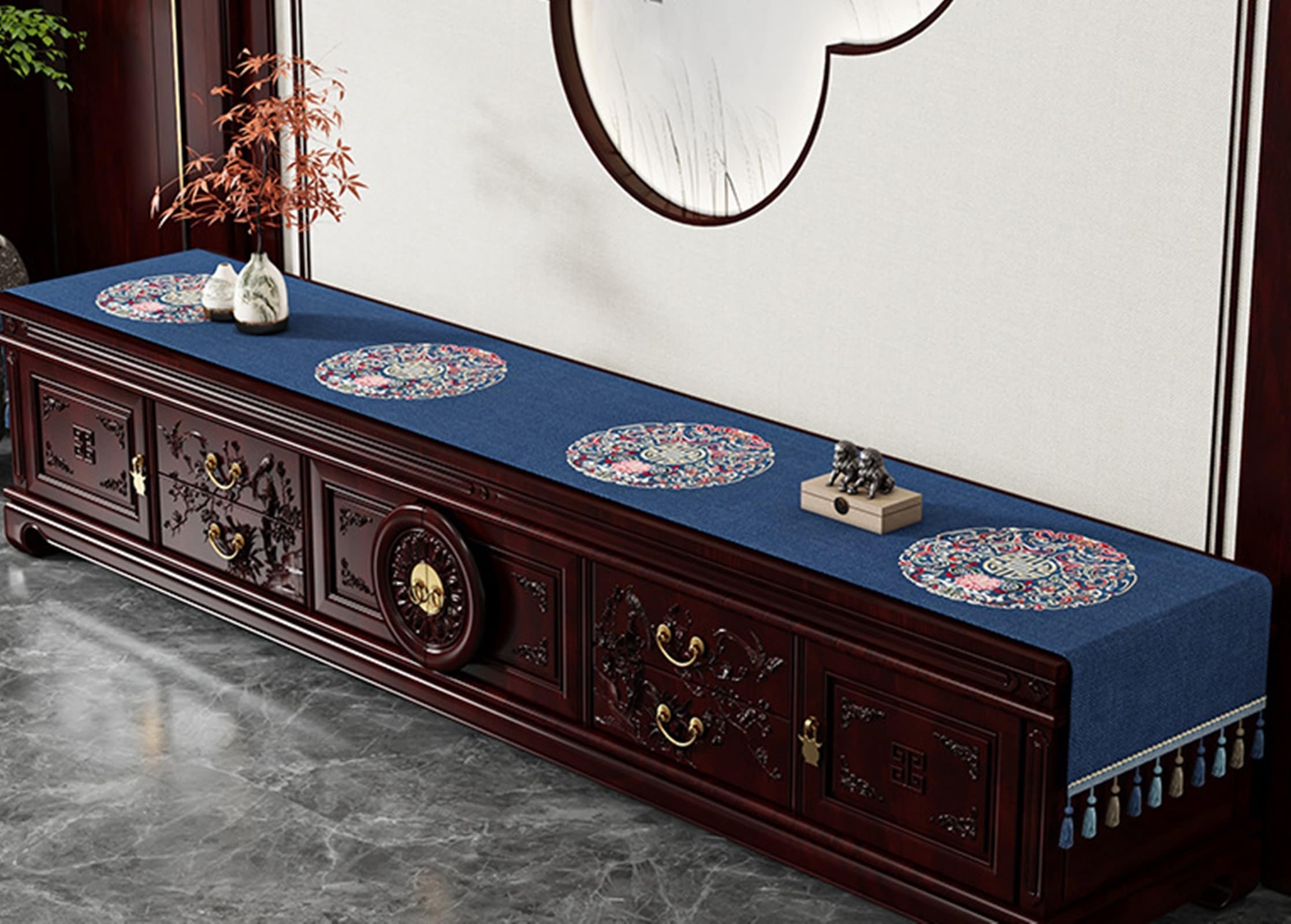 KnSam Camino de mesa rectangular estilo chino bordado flores con borlas, mantel de poliéster camino de mesa moderno decoración para decoración de fiestas, azul marino, 70 x 240 cm